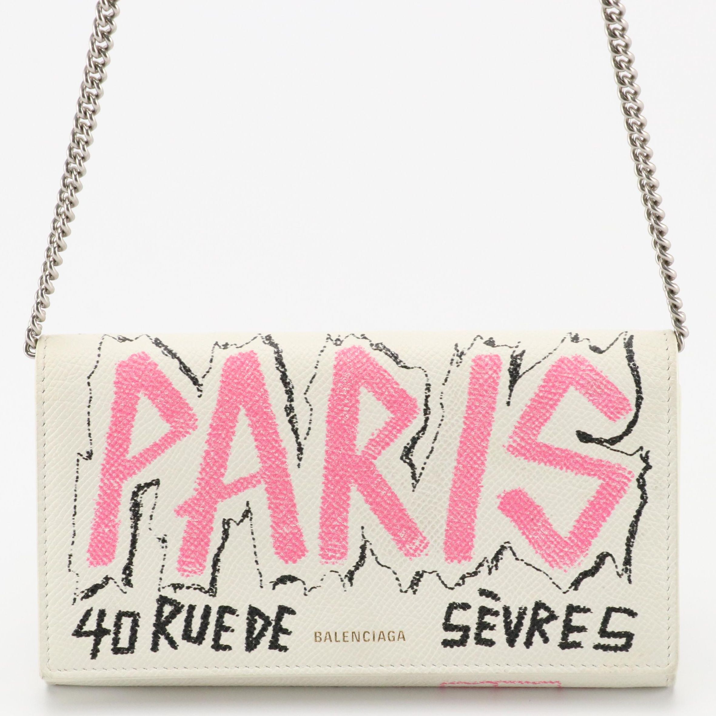 Balenciaga Wallet On Chain in Multicolor BB Graffiti White Leather