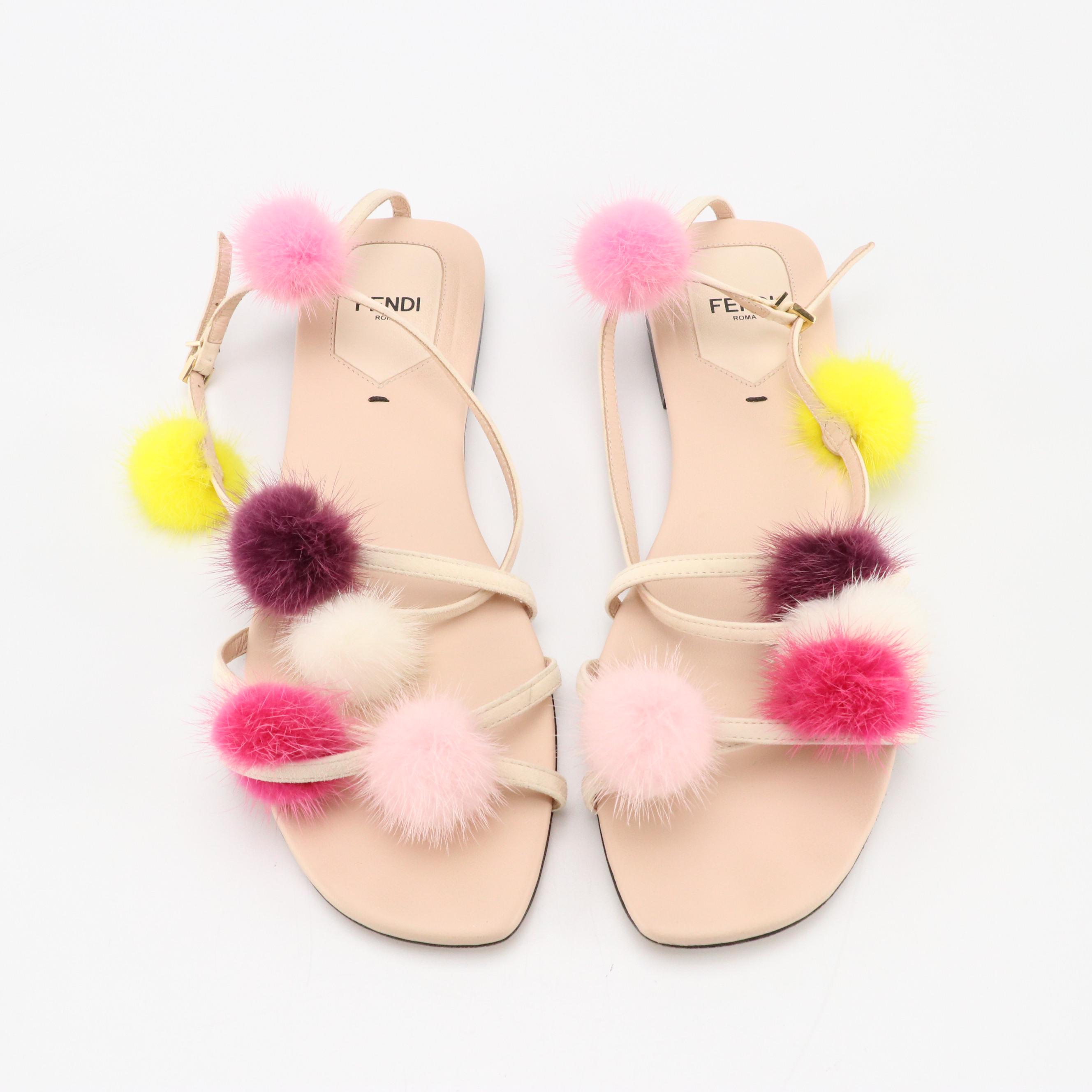 Fendi Multicolor Mink Fur Pom-Pom Ankle Wrap Sandals in Suede