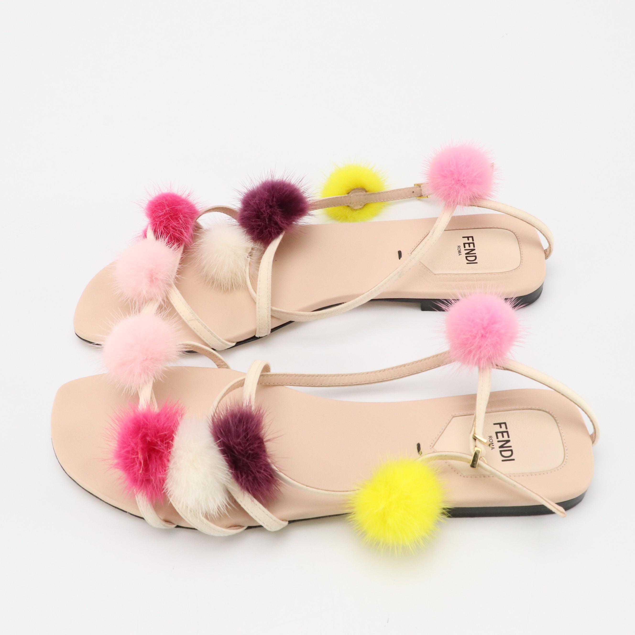 Fendi Multicolor Mink Fur Pom-Pom Ankle Wrap Sandals in Suede