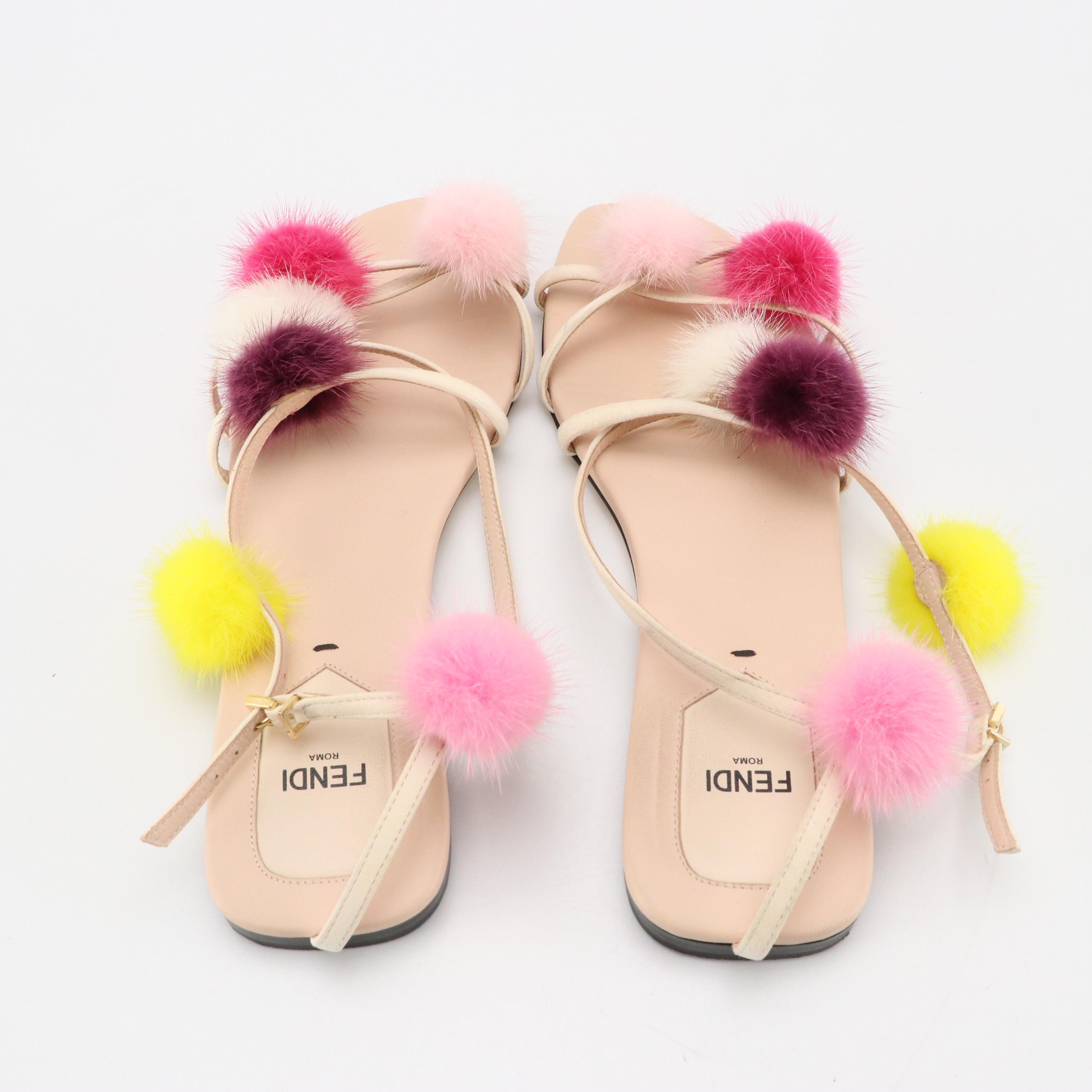 Fendi Multicolor Mink Fur Pom-Pom Ankle Wrap Sandals in Suede