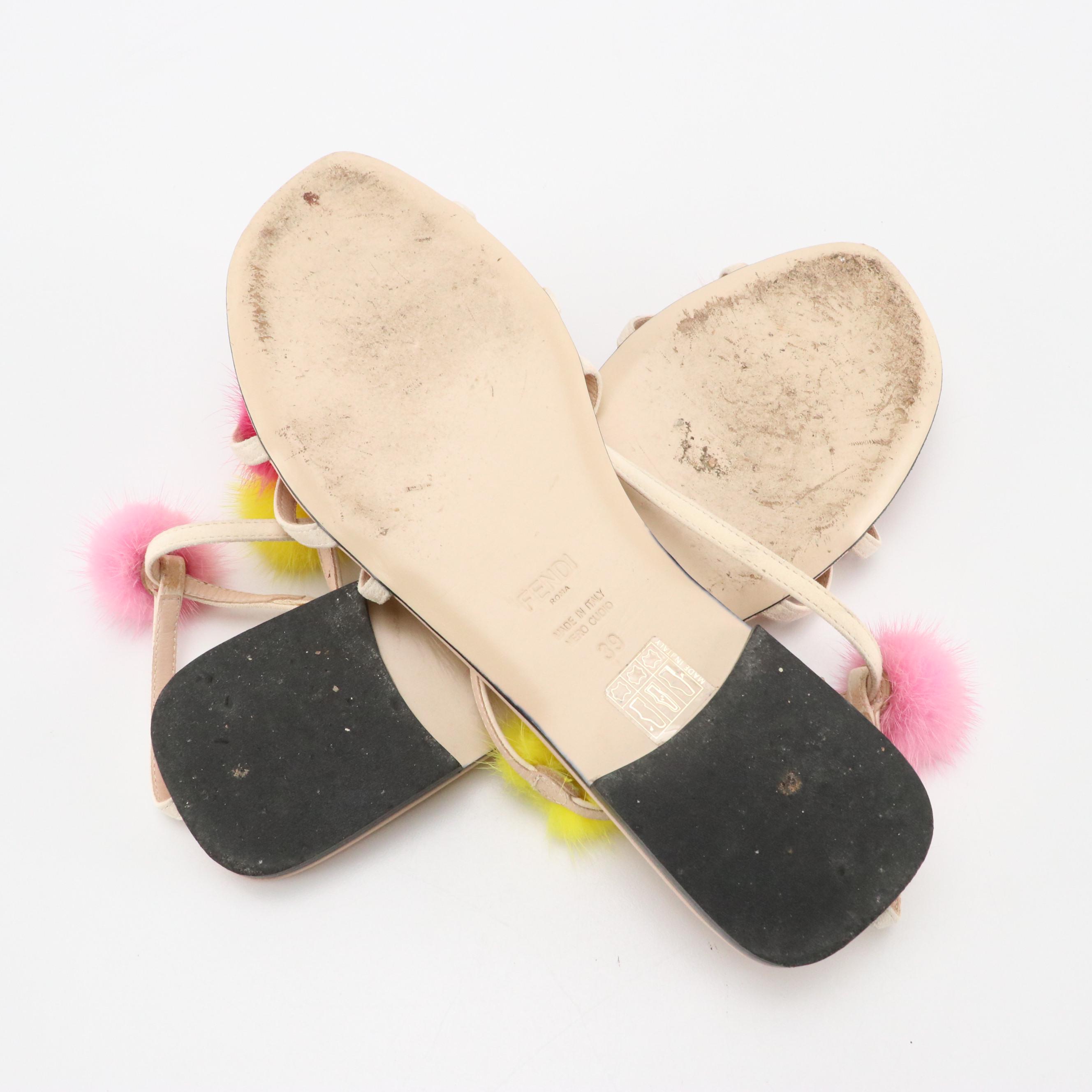 Fendi Multicolor Mink Fur Pom-Pom Ankle Wrap Sandals in Suede