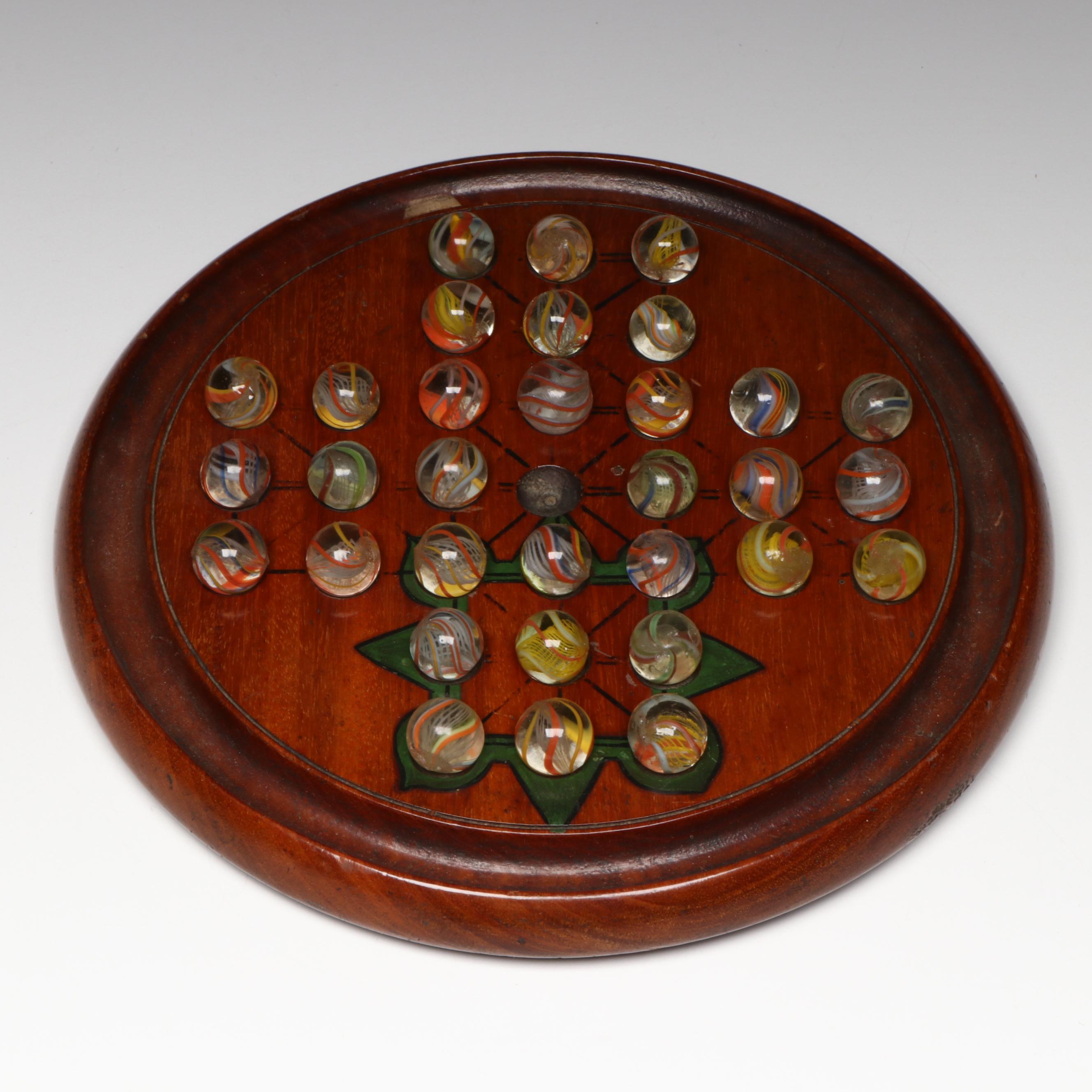 Multicolor Latticino Core and Other Glass Marbles with Solitaire Game Board