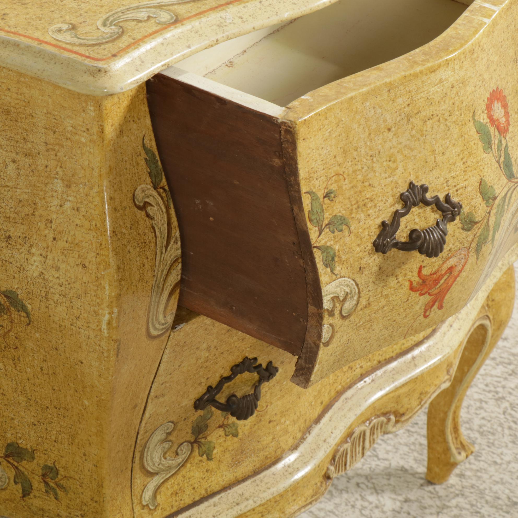 Italianate Hand Painted Bombe Style Two-Drawer Commode, Late 20th Century