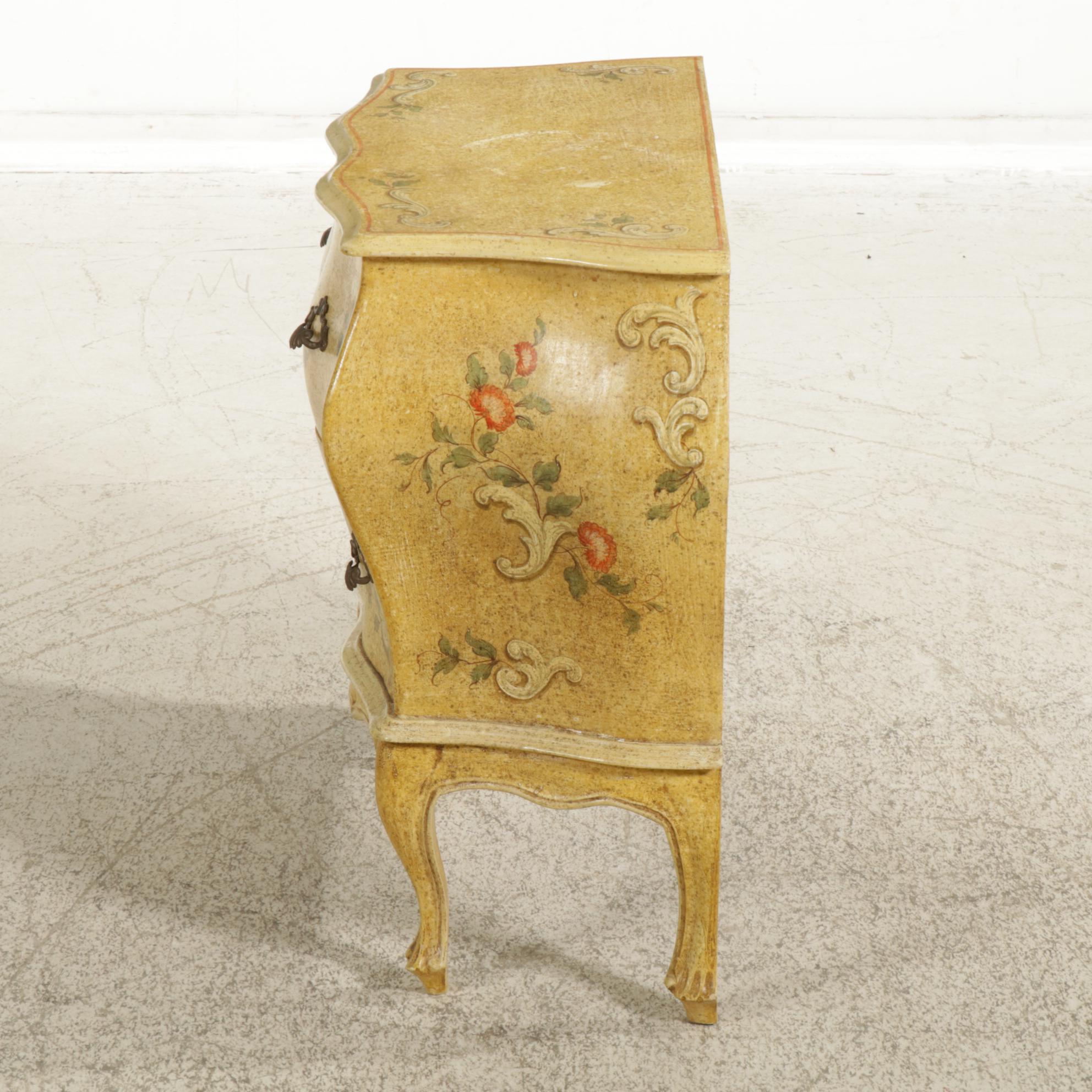 Italianate Hand Painted Bombe Style Two-Drawer Commode, Late 20th Century