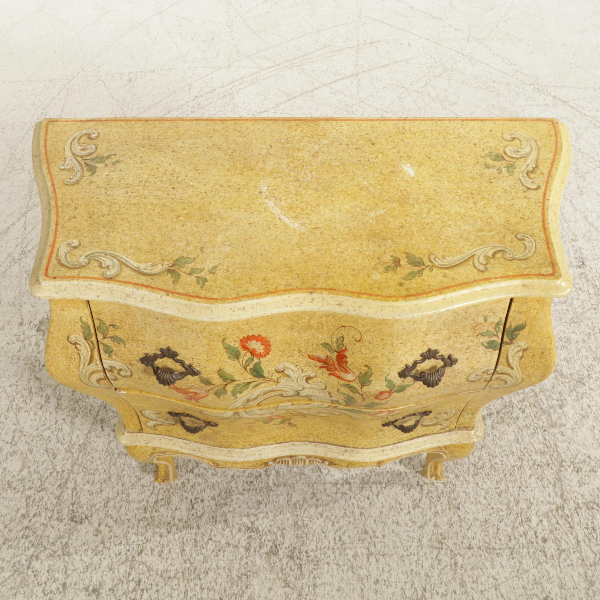 Italianate Hand Painted Bombe Style Two-Drawer Commode, Late 20th Century