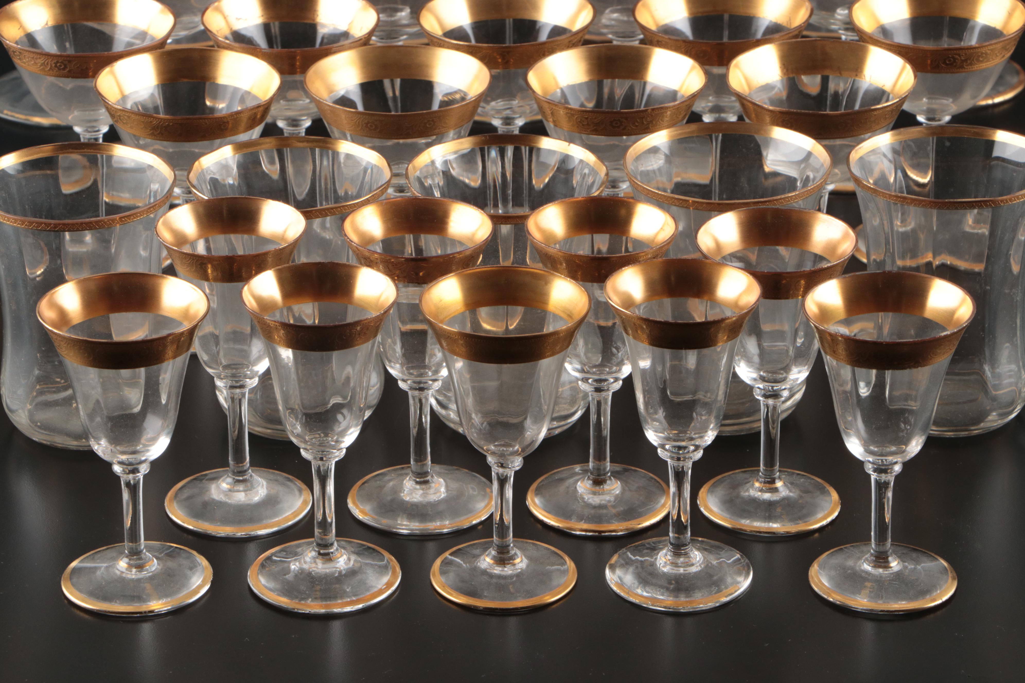 Tiffin "Rambler Rose" with Other Embossed Gilt Rim Cocktail Glasses