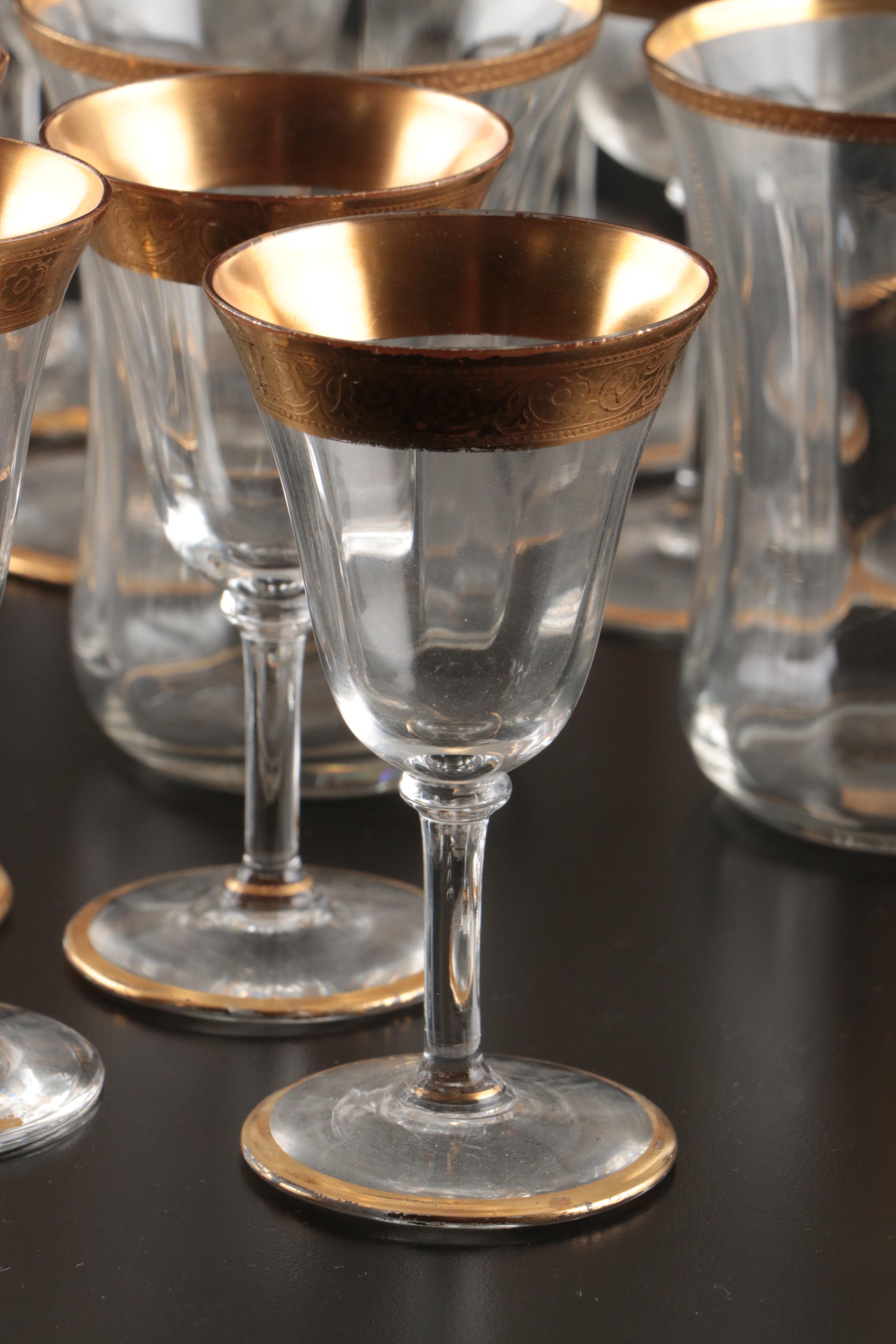 Tiffin "Rambler Rose" with Other Embossed Gilt Rim Cocktail Glasses