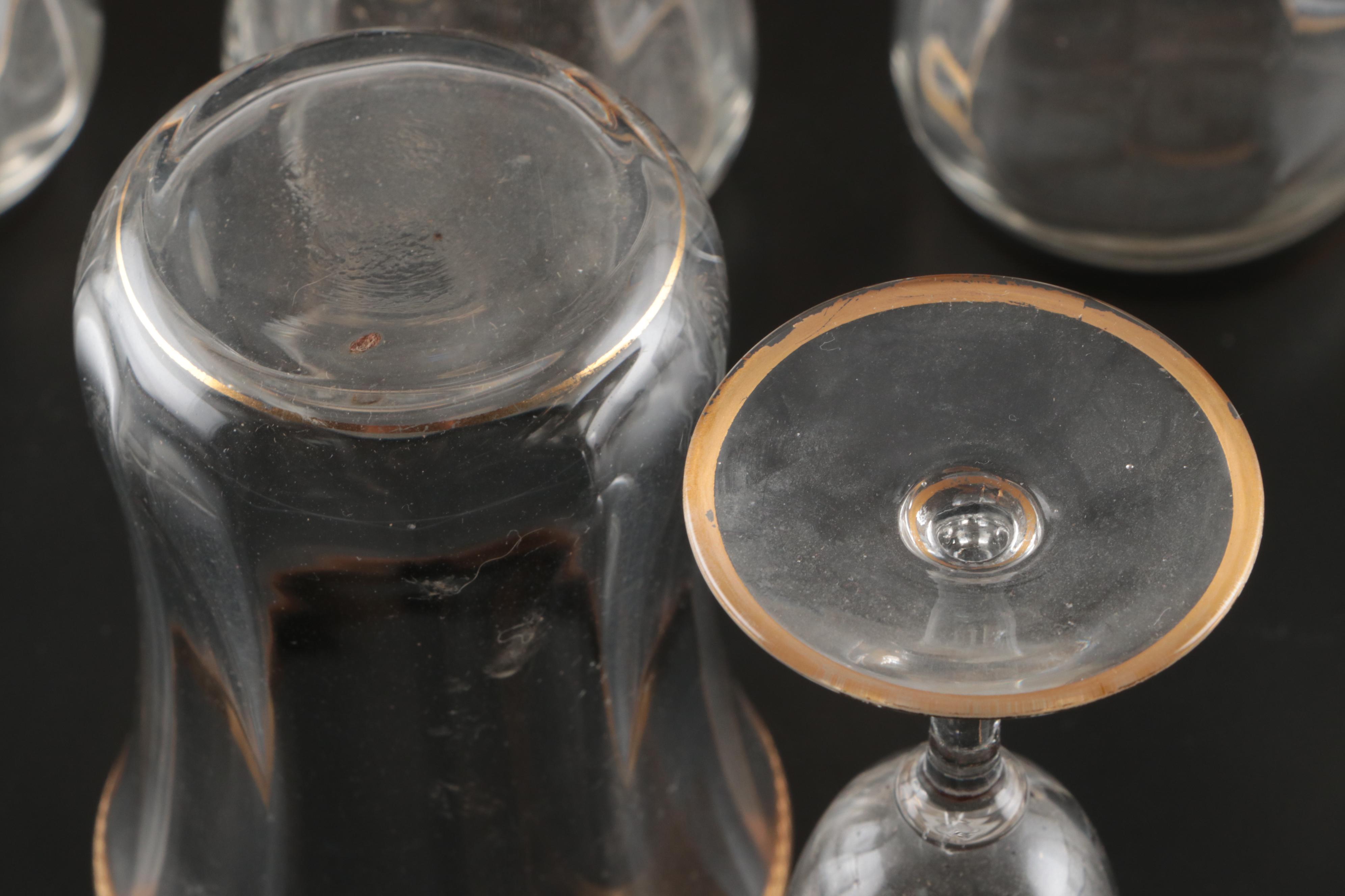 Tiffin "Rambler Rose" with Other Embossed Gilt Rim Cocktail Glasses