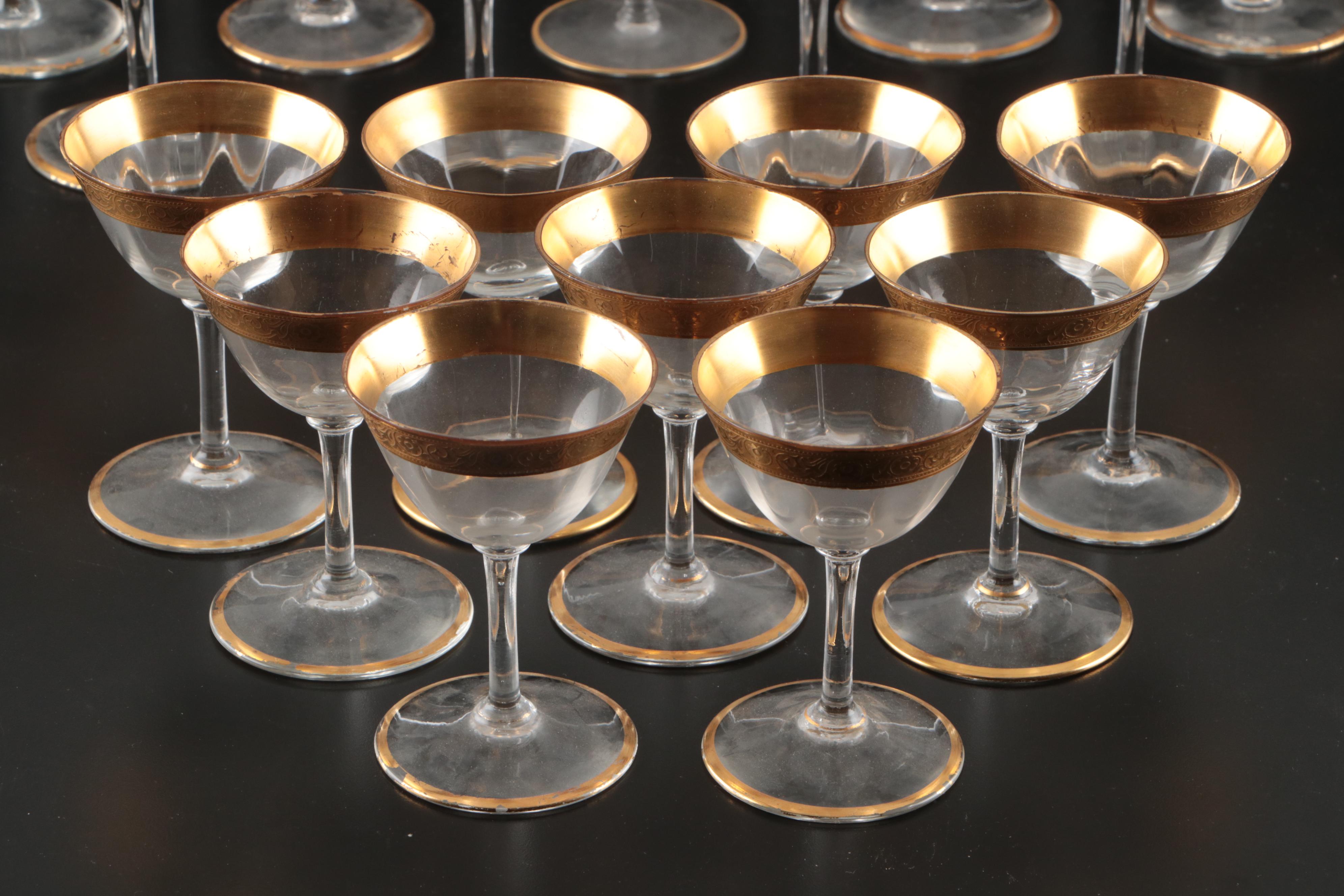 Tiffin "Rambler Rose" with Other Embossed Gilt Rim Cocktail Glasses