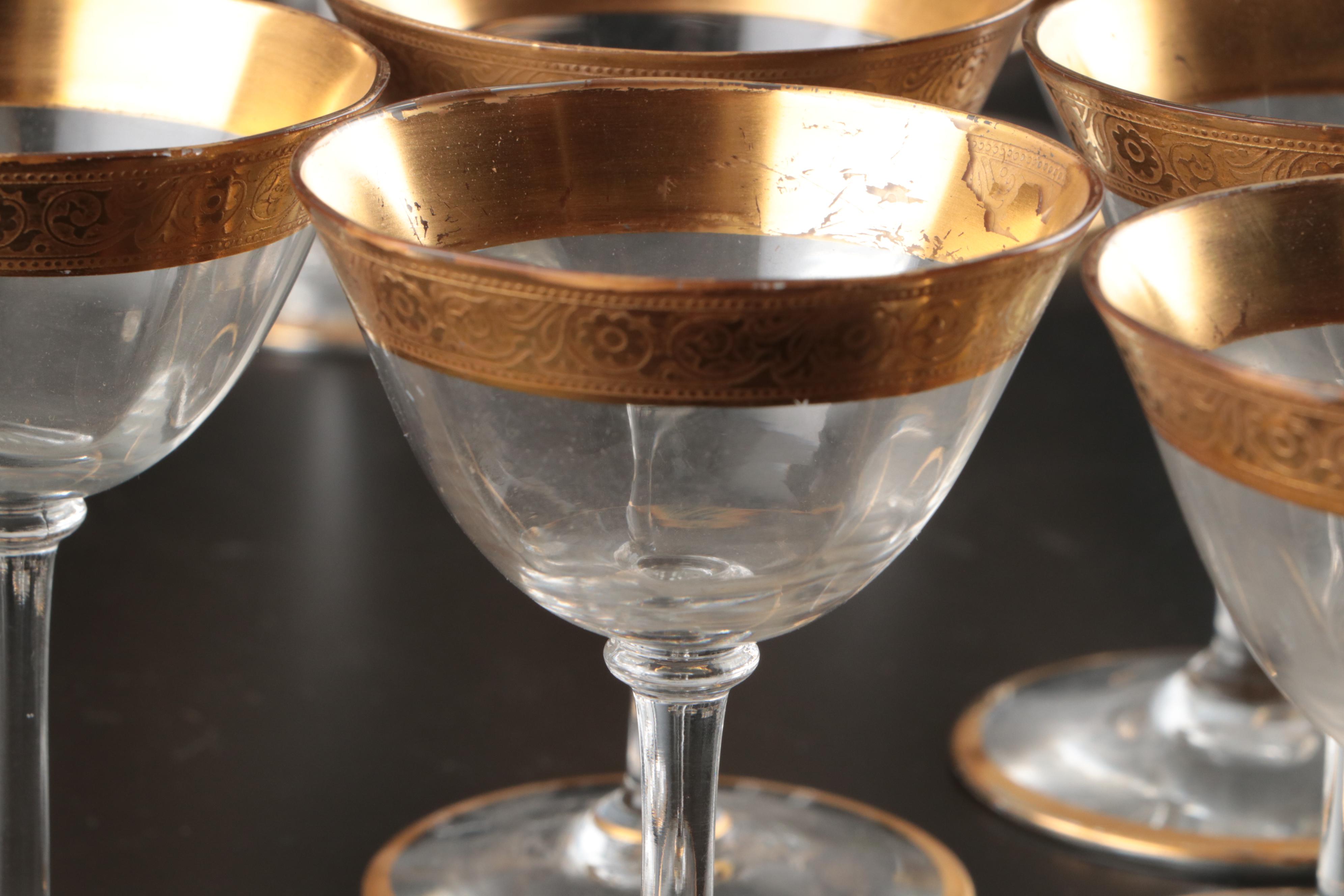 Tiffin "Rambler Rose" with Other Embossed Gilt Rim Cocktail Glasses
