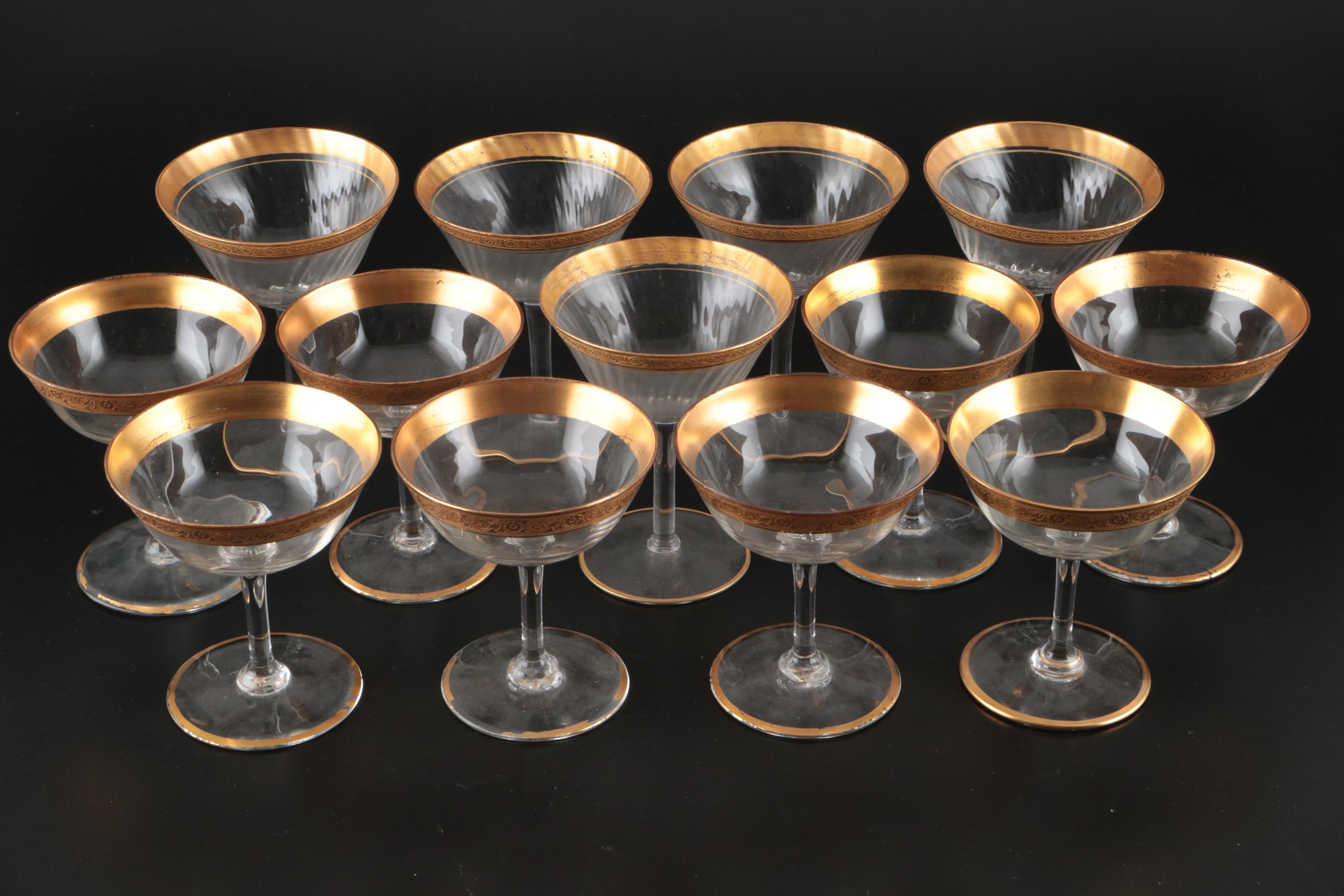 Tiffin "Rambler Rose" with Other Embossed Gilt Rim Cocktail Glasses