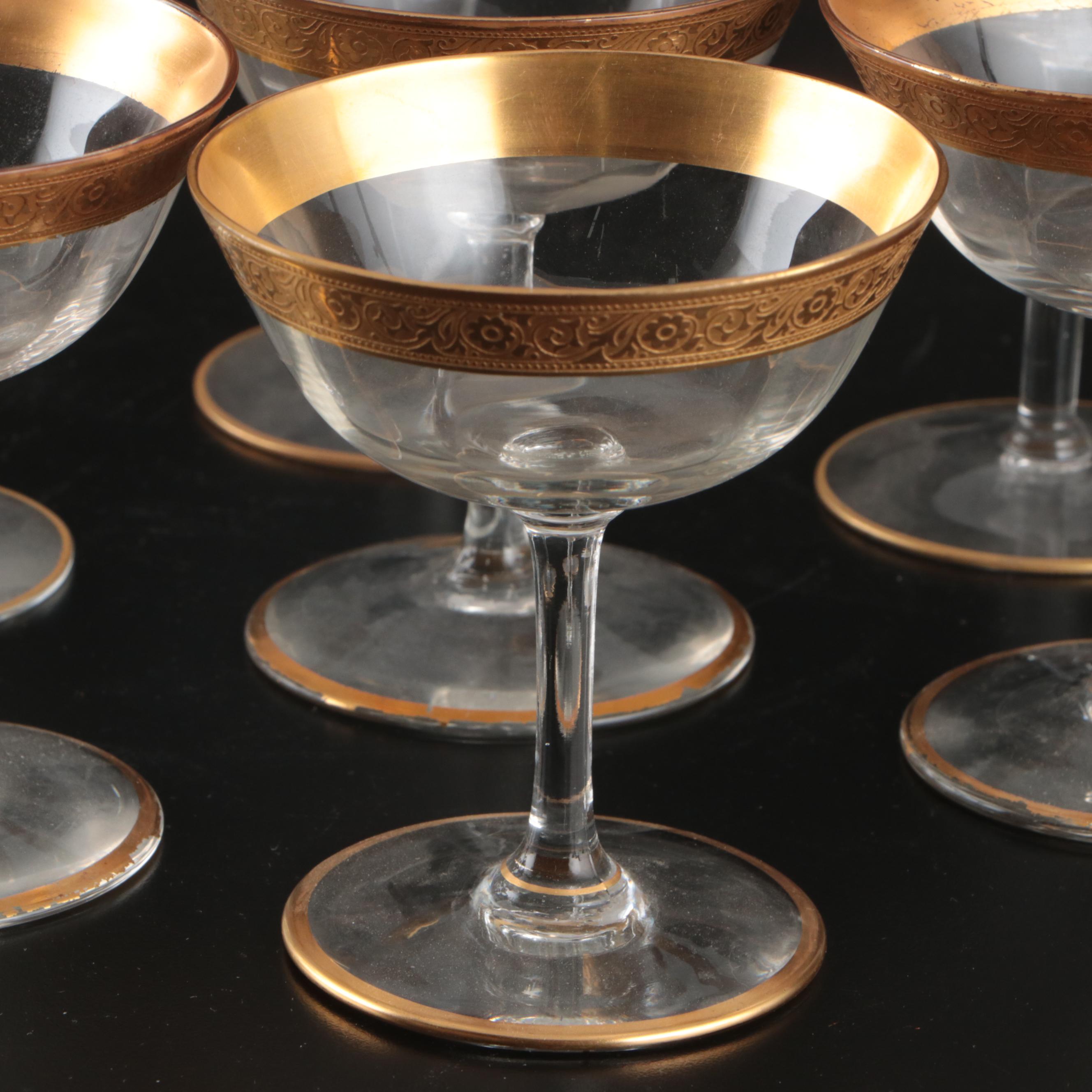 Tiffin "Rambler Rose" with Other Embossed Gilt Rim Cocktail Glasses