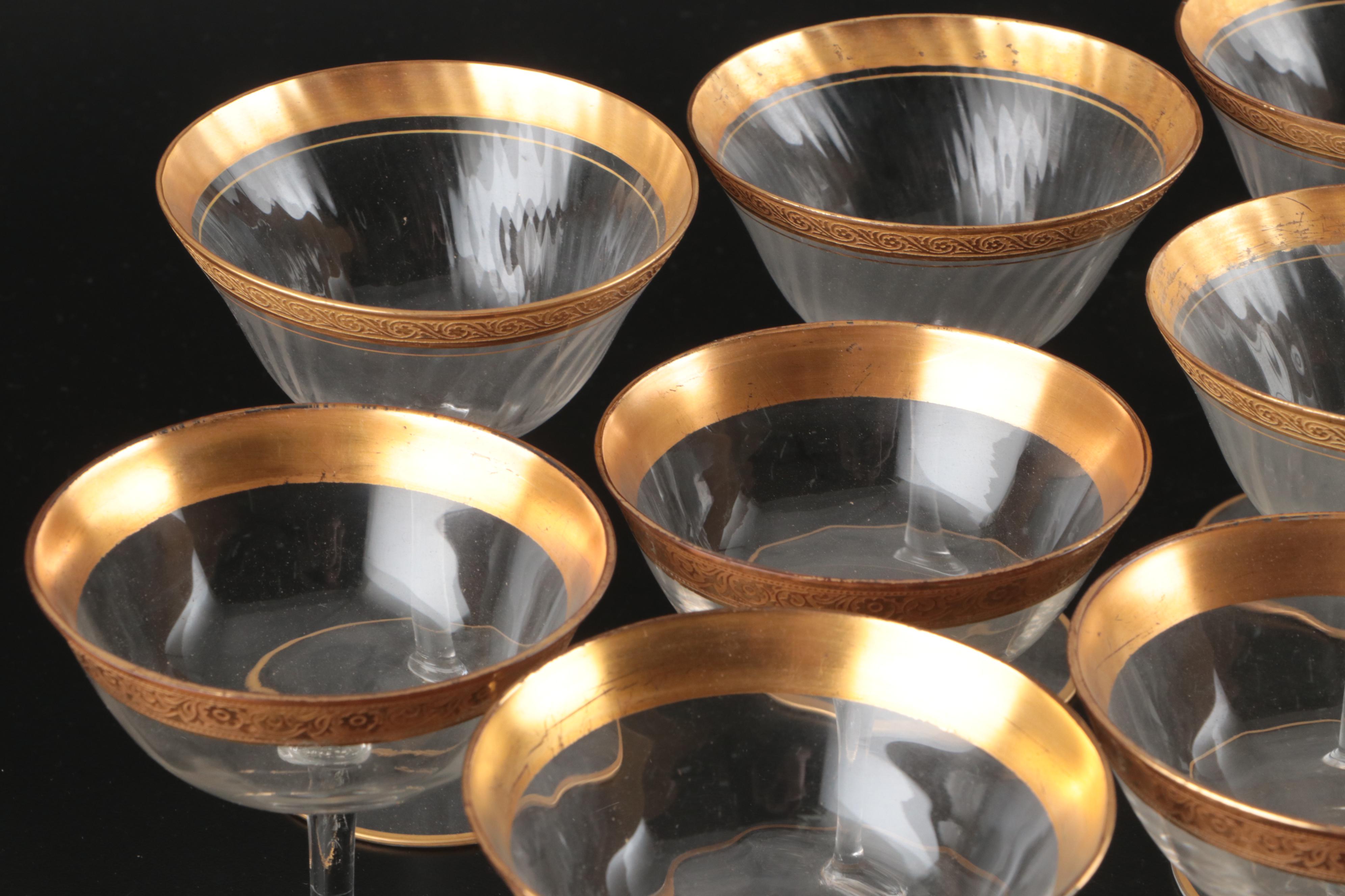 Tiffin "Rambler Rose" with Other Embossed Gilt Rim Cocktail Glasses