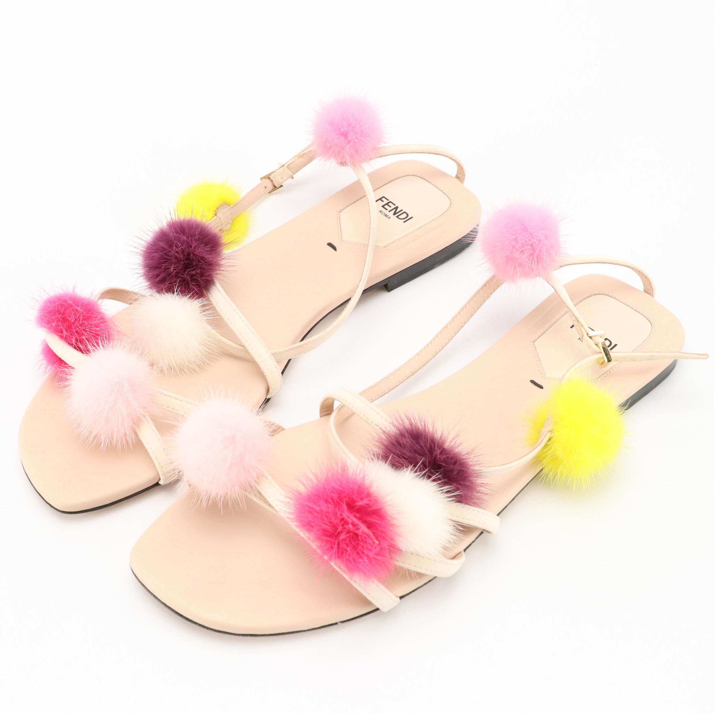 Fendi Multicolor Mink Fur Pom-Pom Ankle Wrap Sandals in Suede