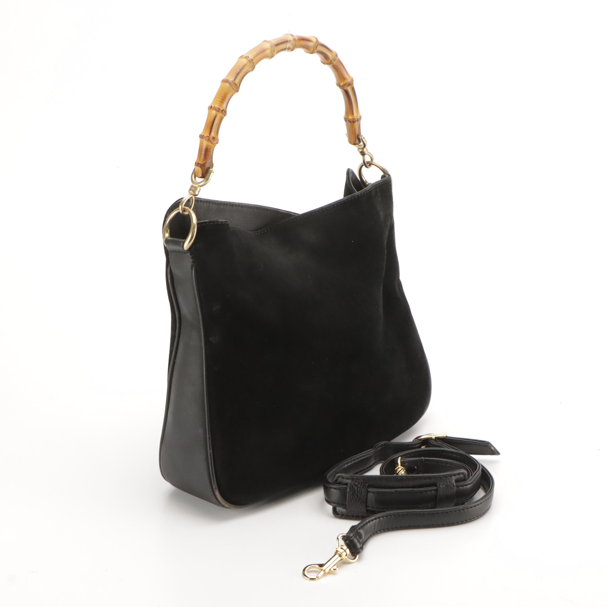 Gucci Bamboo Handle Two-Way Tote in Black Suede and Leather