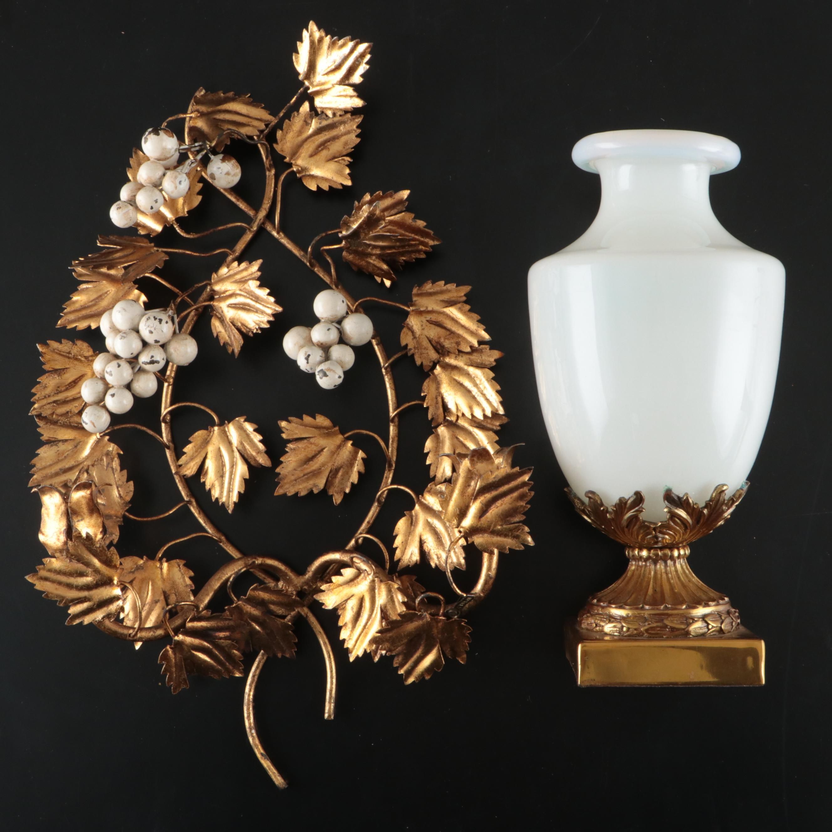 Italian Metal Wall Grape Vine with Glass and Metal Footed Vase