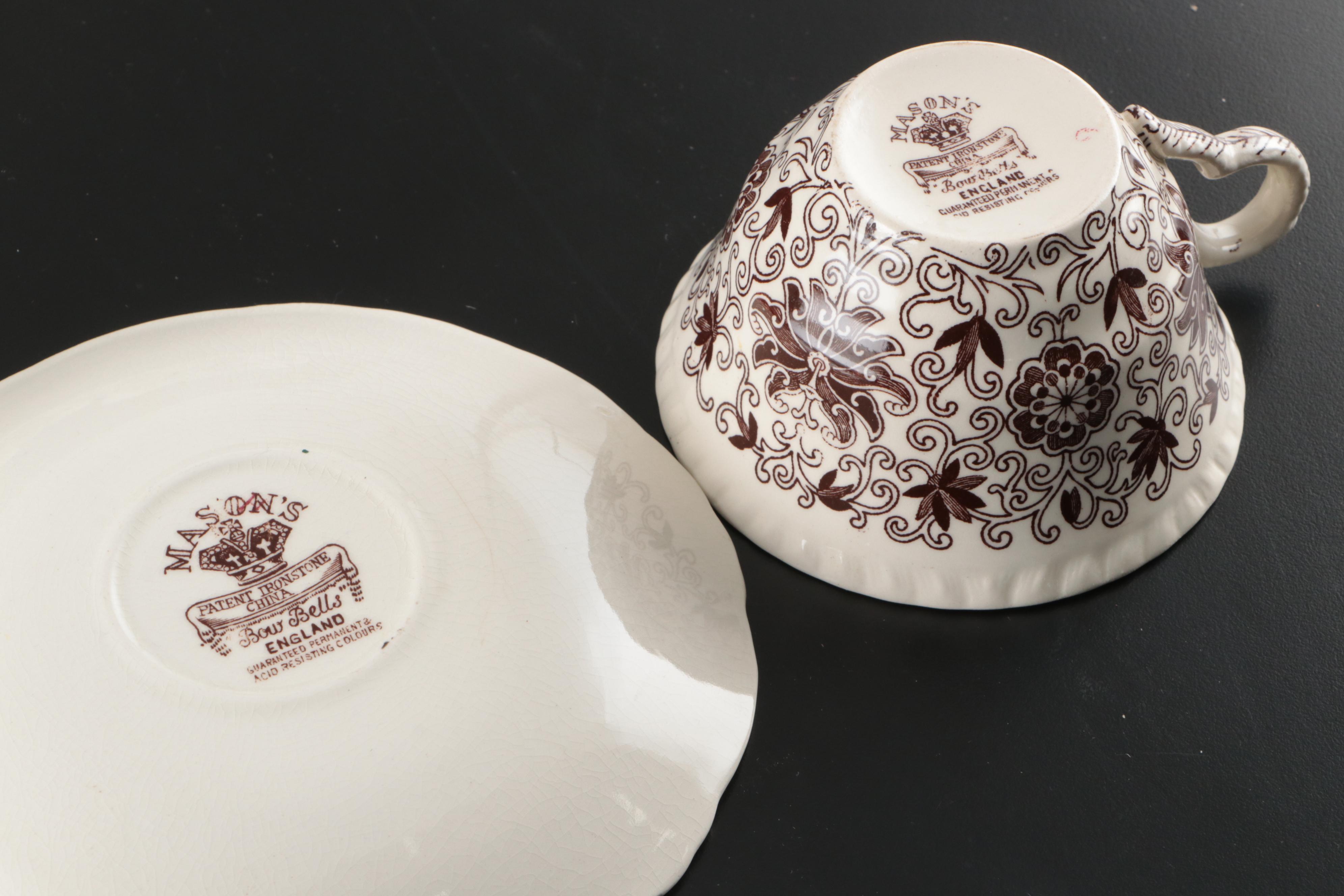 Mason English Ironstone "Bow Bells" Porcelain Cups and Saucers, Early 20th C.
