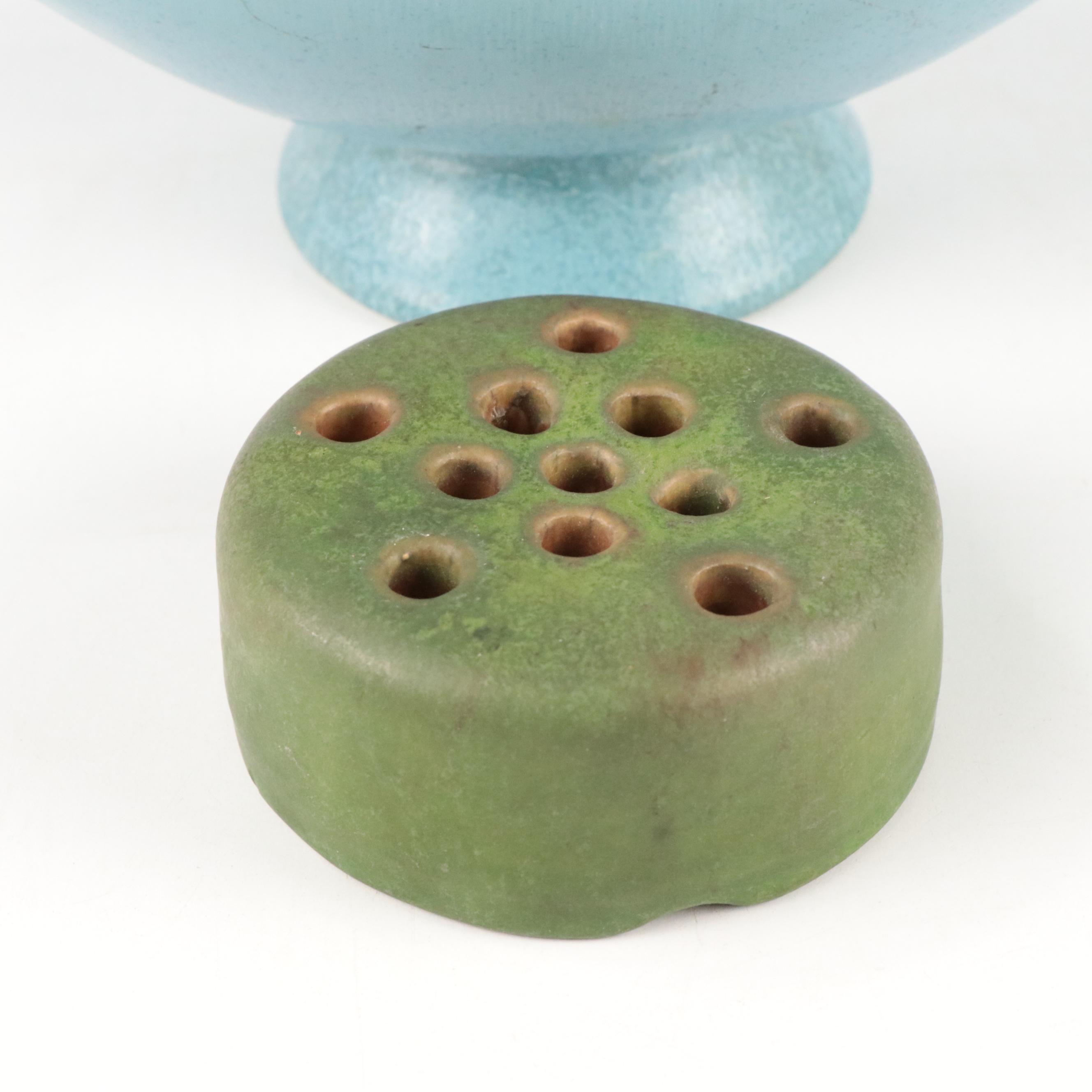 Rookwood Pottery Blue Centerpiece Bowl with Flower Frog, Mid-20th Century