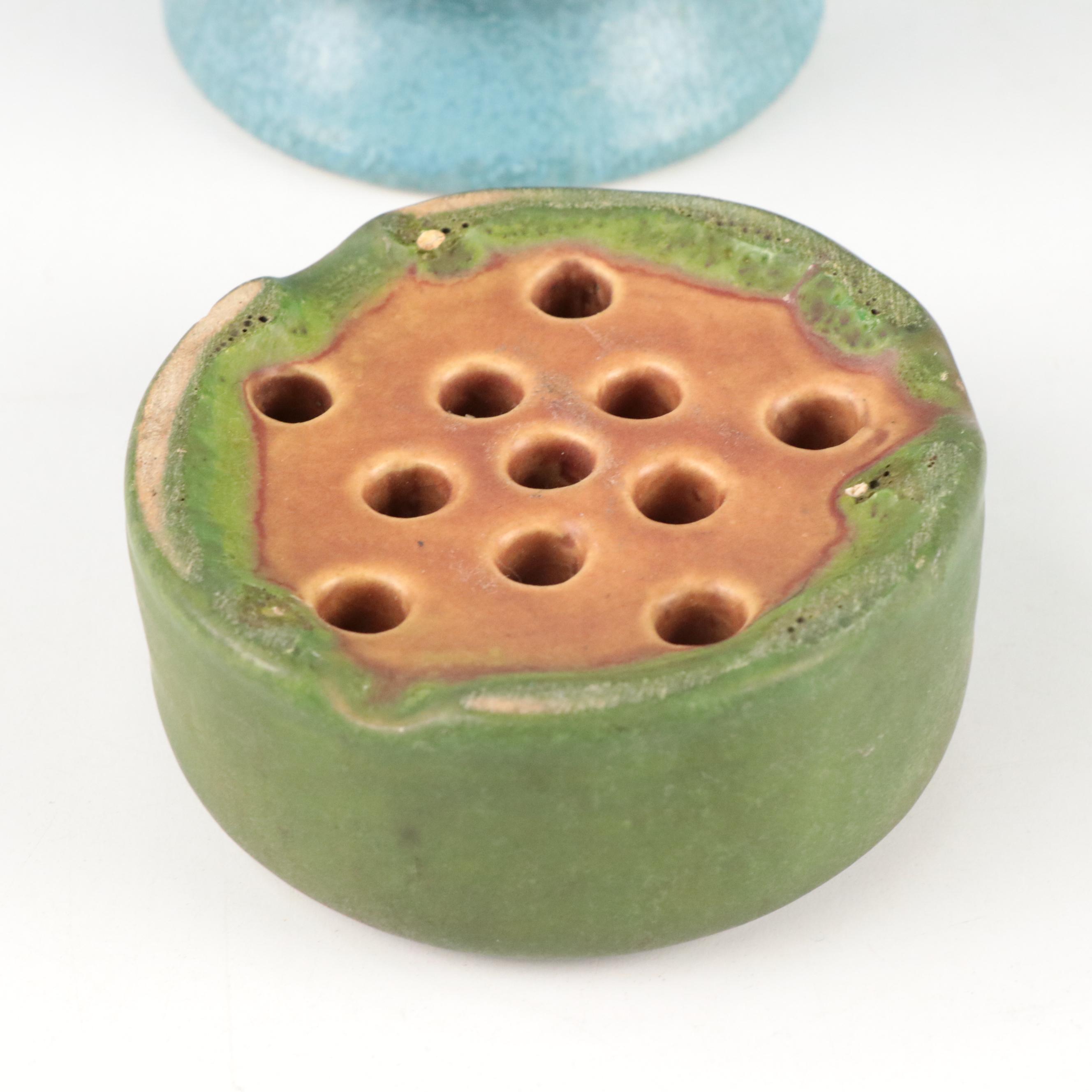 Rookwood Pottery Blue Centerpiece Bowl with Flower Frog, Mid-20th Century