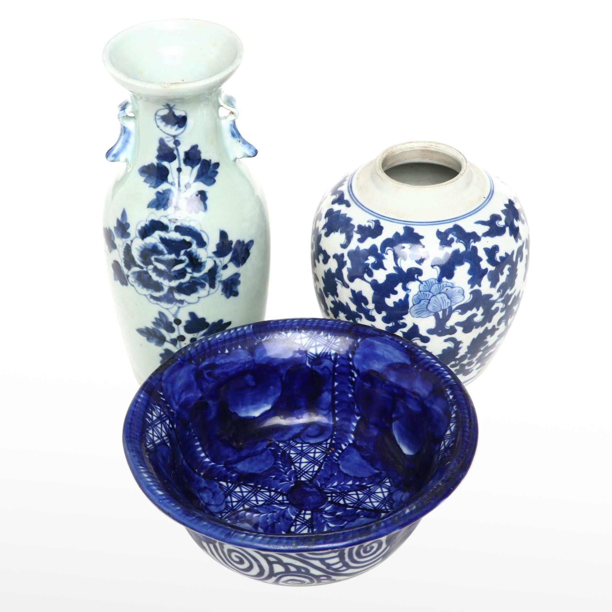 Japanese Porcelain Arita Bowl with Chinese Peony Vase and Ginger Jar