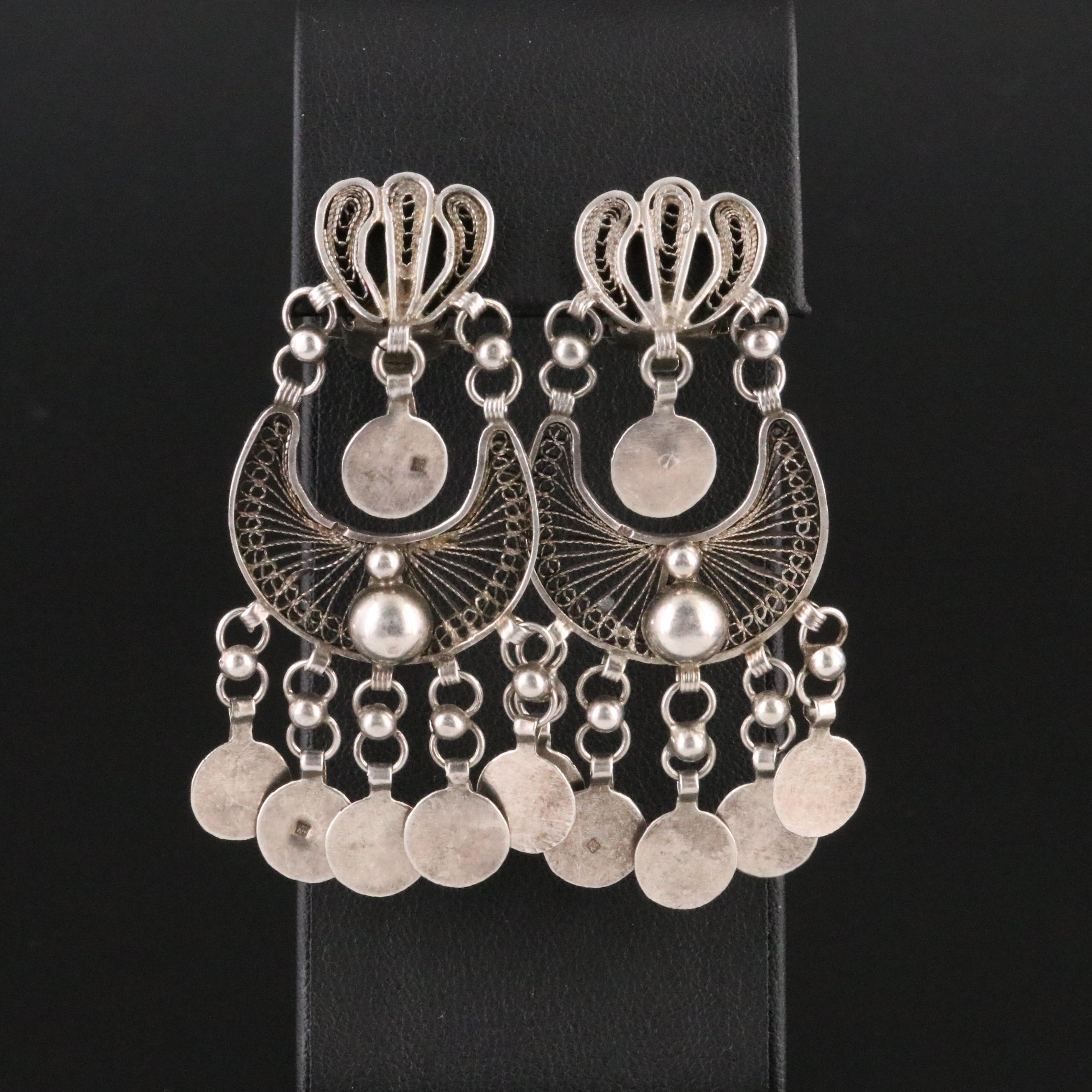 Vintage 900 Silver Filigree Disc Fringe Earrings