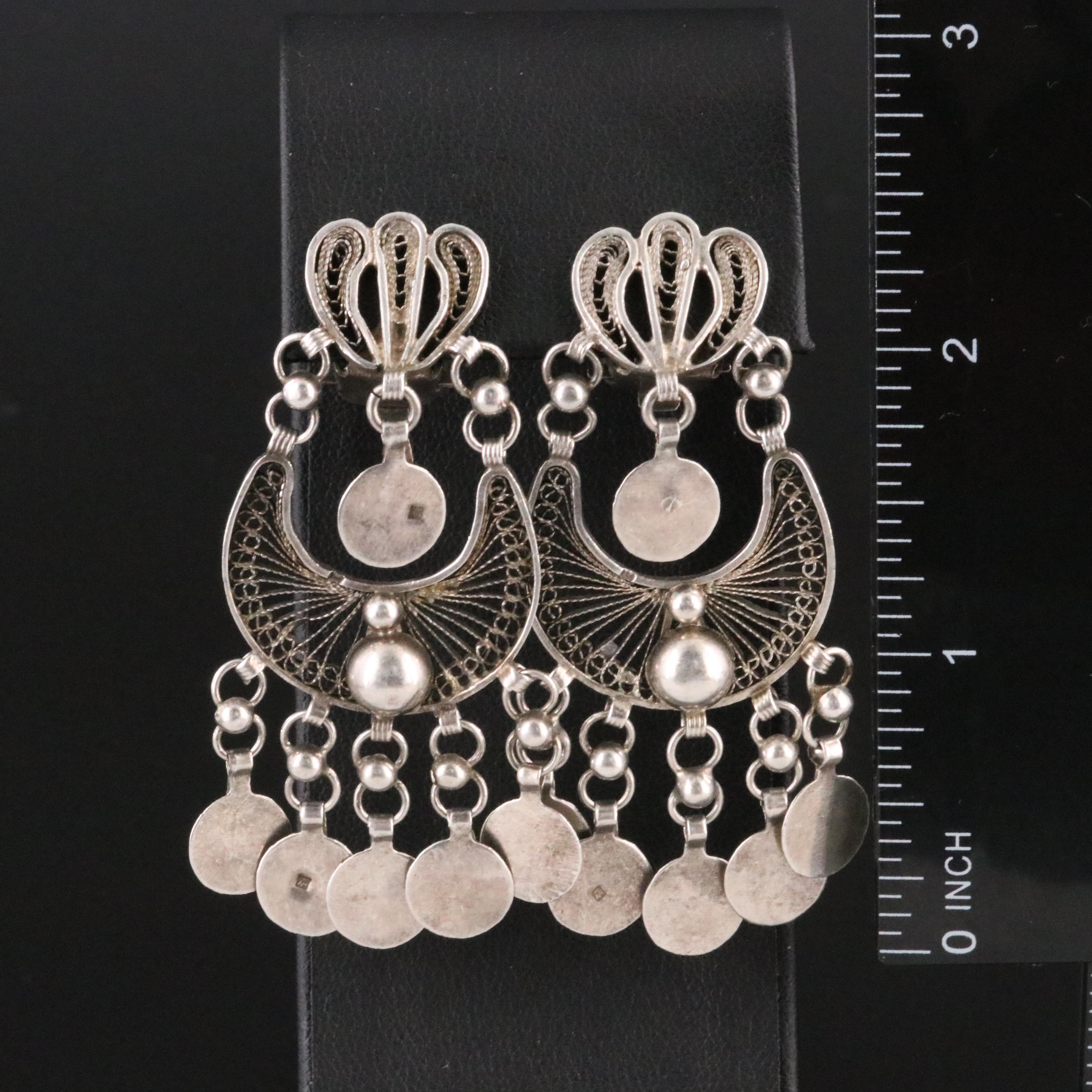 Vintage 900 Silver Filigree Disc Fringe Earrings