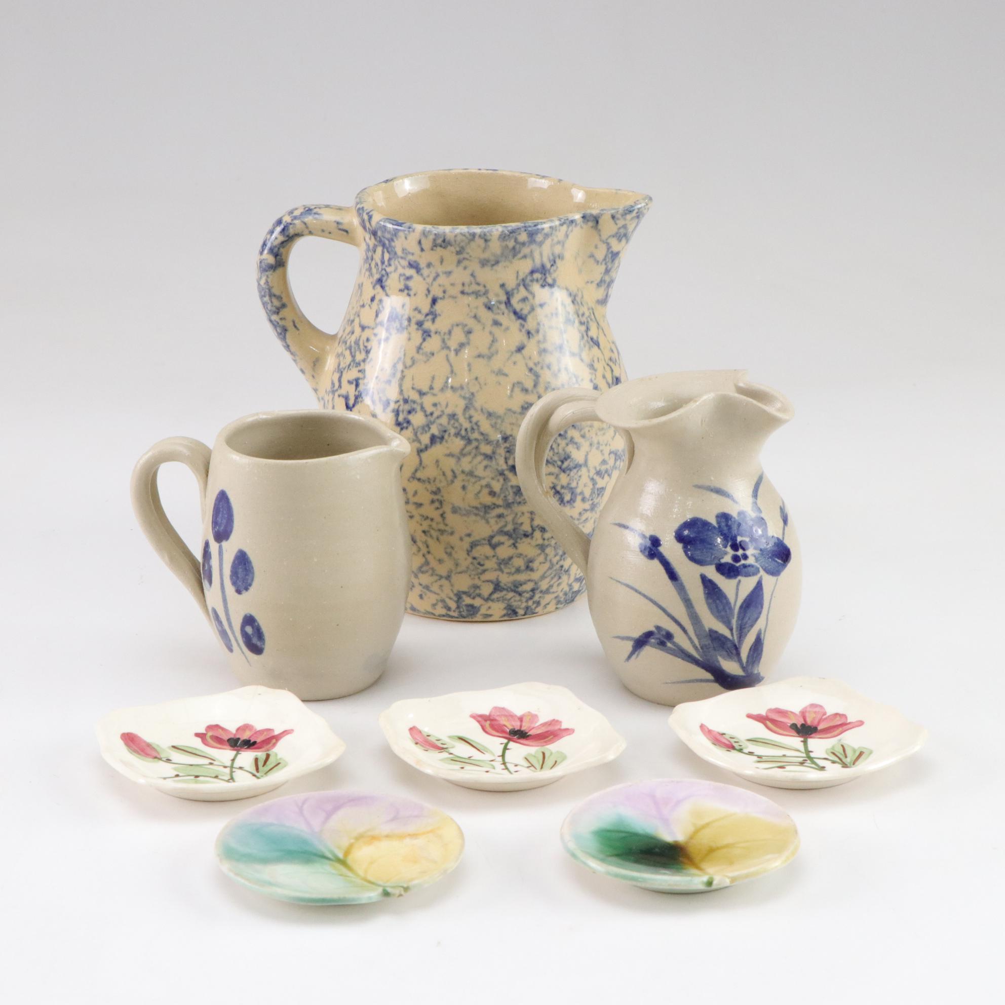 Etruscan Majolica Butterpats, Roseville Pitcher & Williamsburg Stoneware Pair