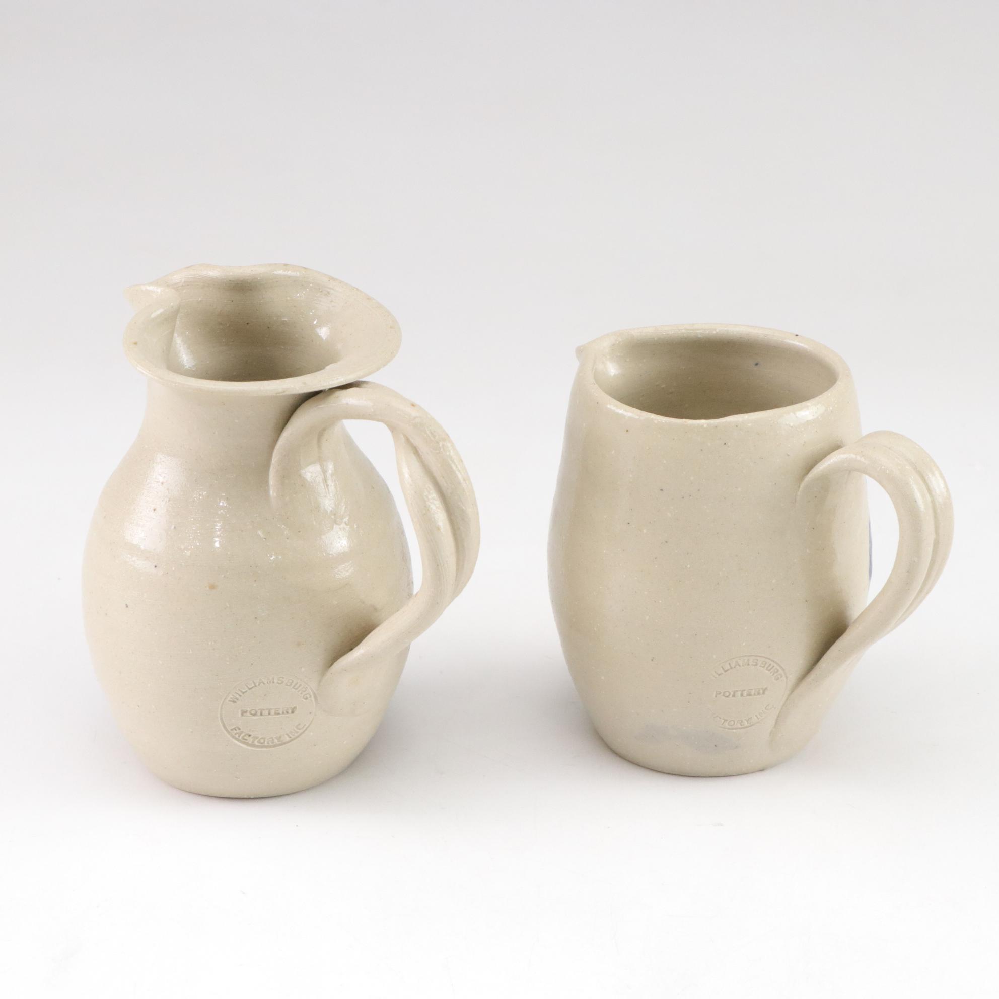 Etruscan Majolica Butterpats, Roseville Pitcher & Williamsburg Stoneware Pair