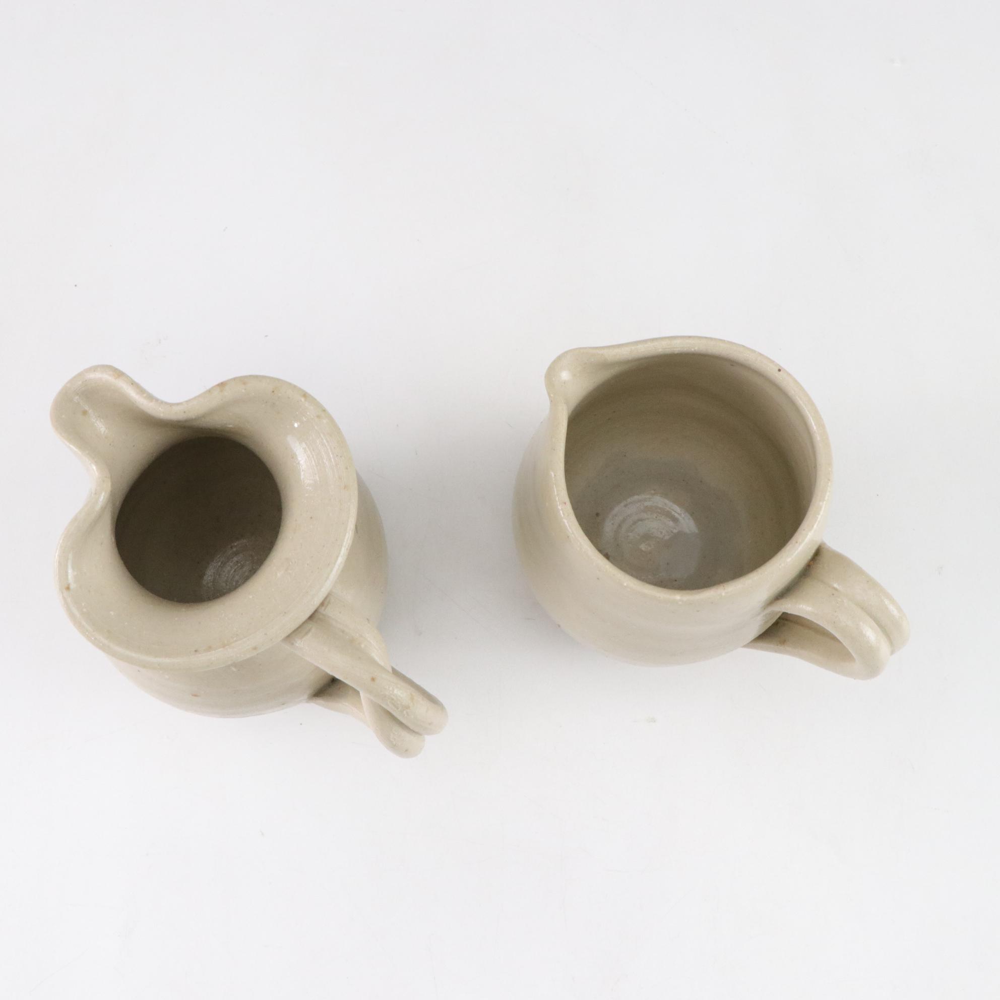 Etruscan Majolica Butterpats, Roseville Pitcher & Williamsburg Stoneware Pair