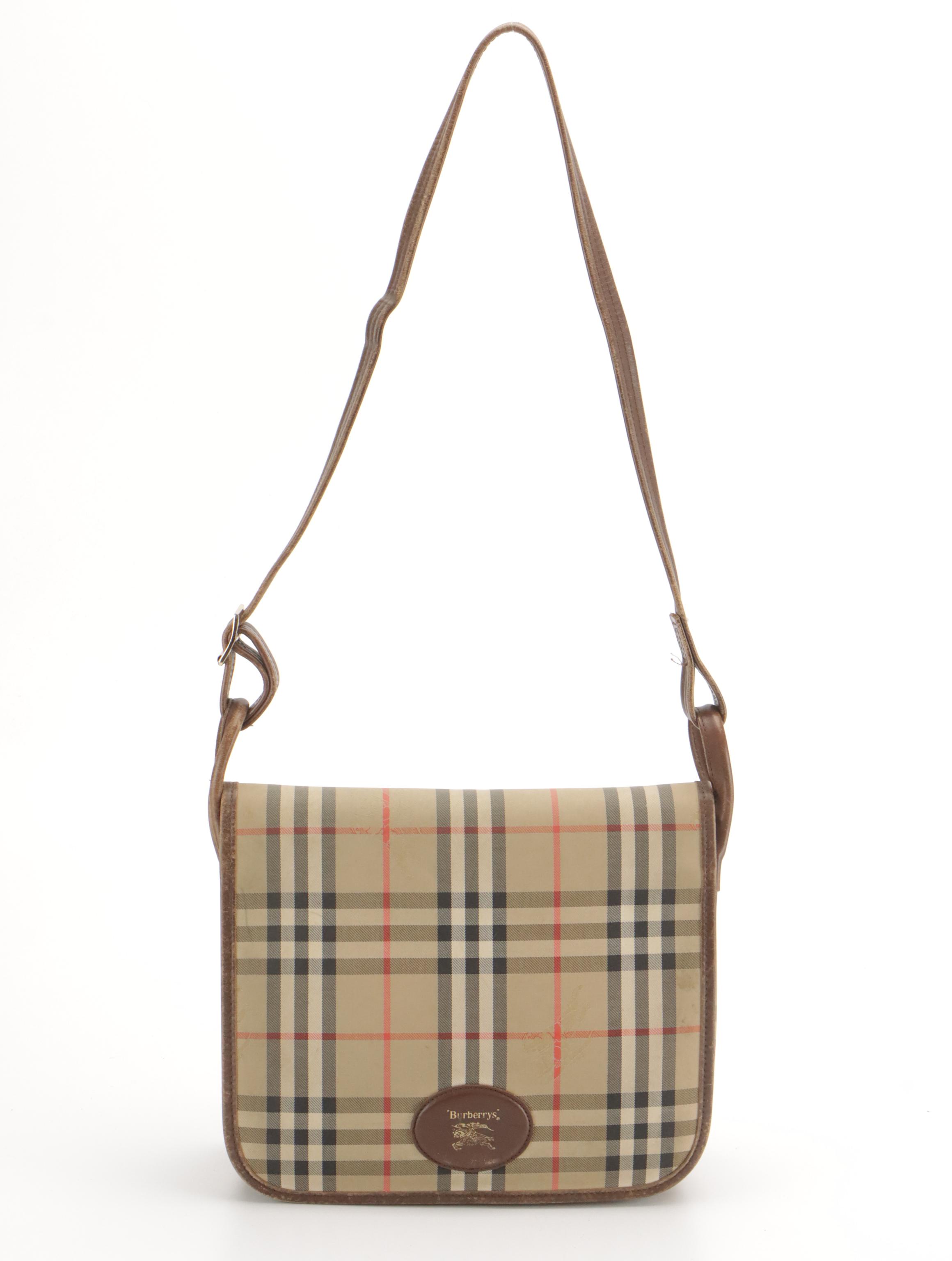 Burberrys Haymarket Check Canvas Messenger Flap Shoulder Bag with Leather Trim