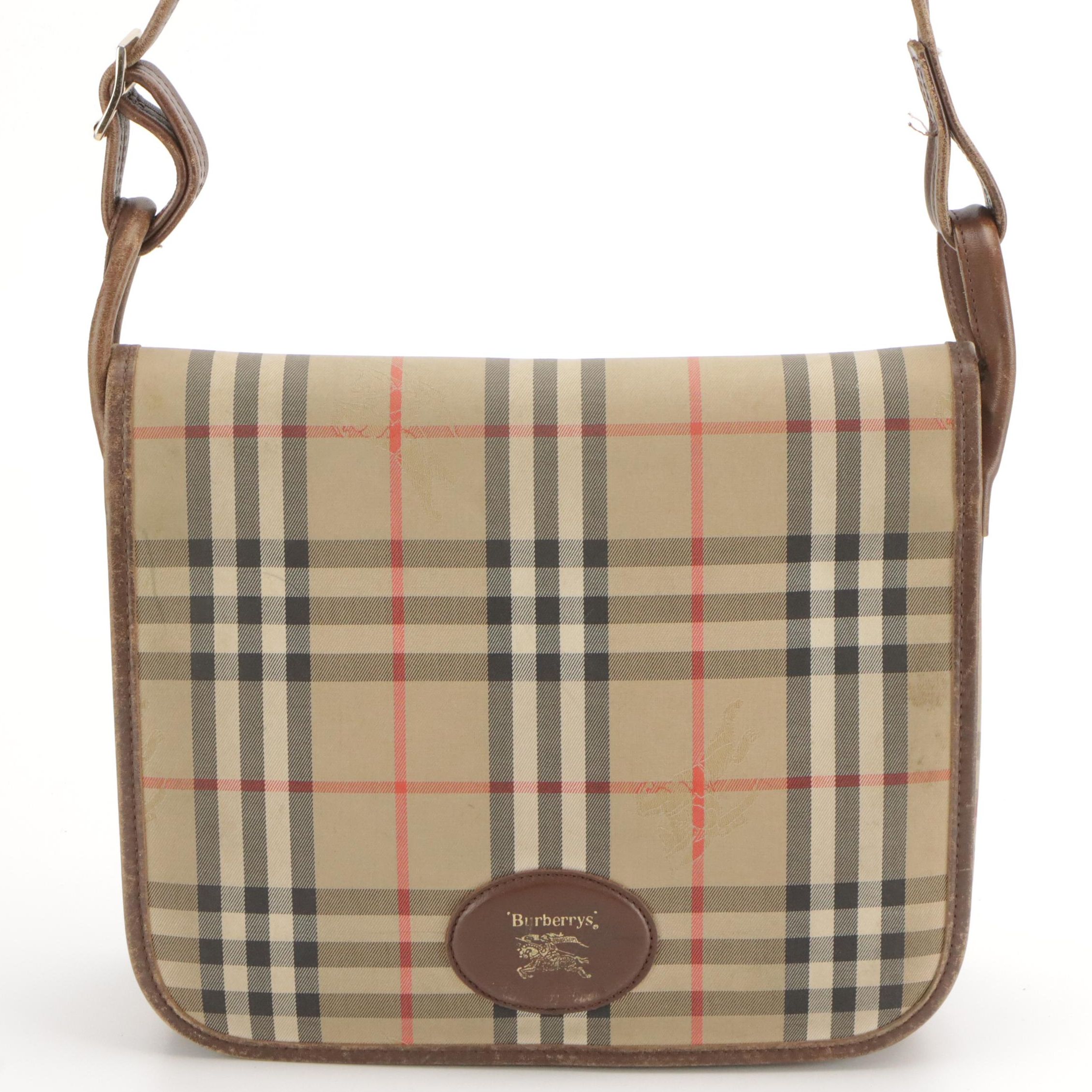 Burberrys Haymarket Check Canvas Messenger Flap Shoulder Bag with Leather Trim