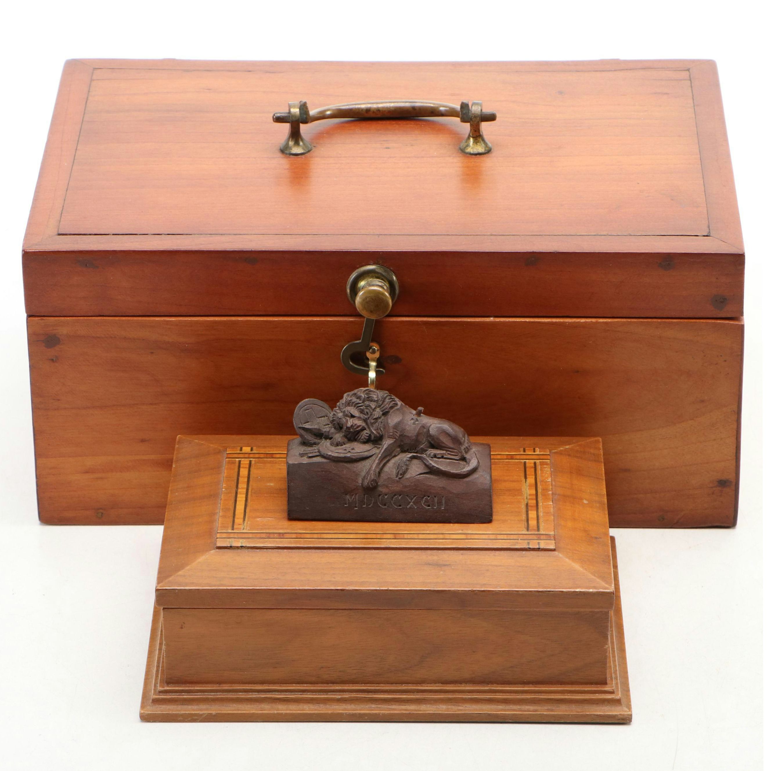 Grand Tour Carved Wood Lion of Lucerne Figurine with Other Wooden Boxes