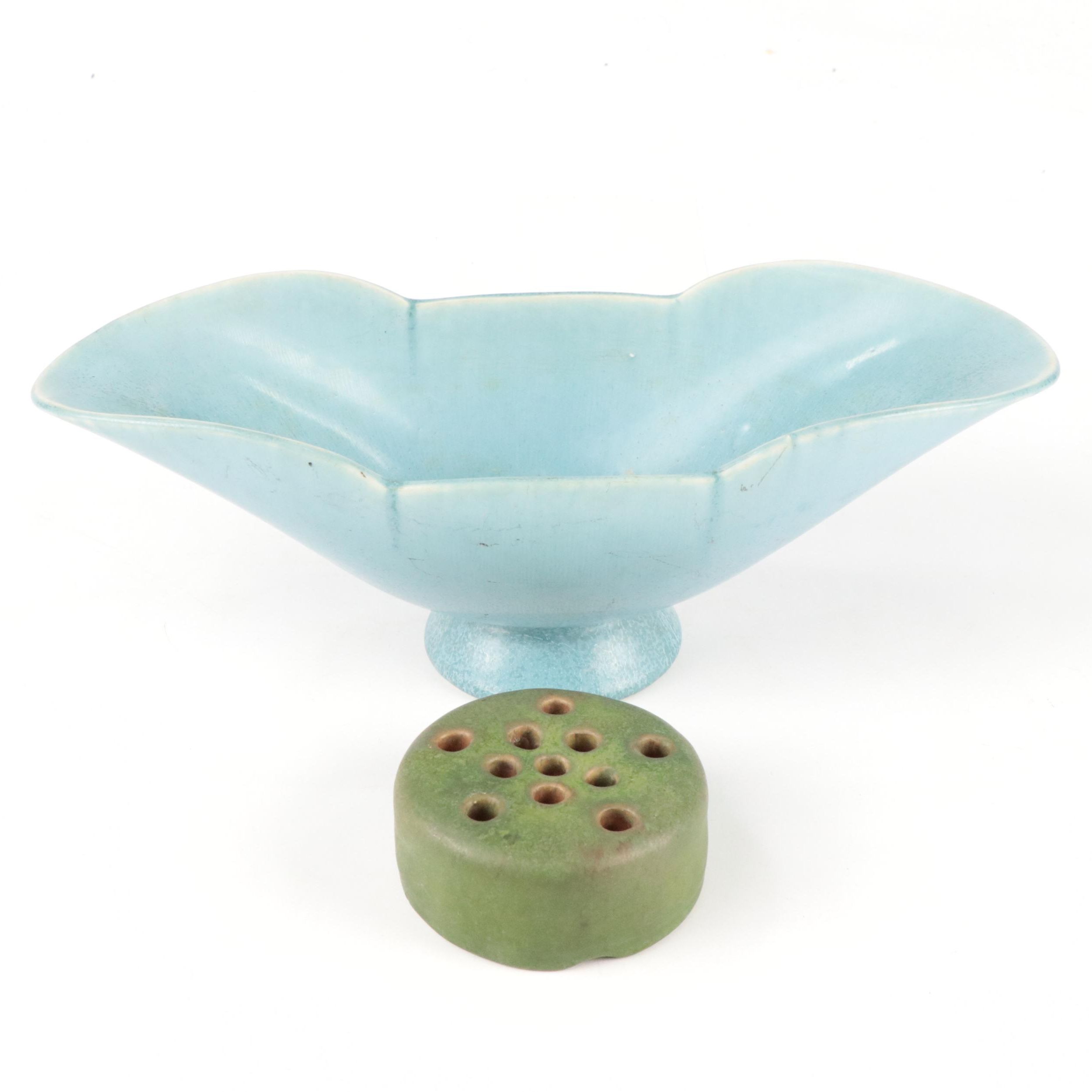 Rookwood Pottery Blue Centerpiece Bowl with Flower Frog, Mid-20th Century