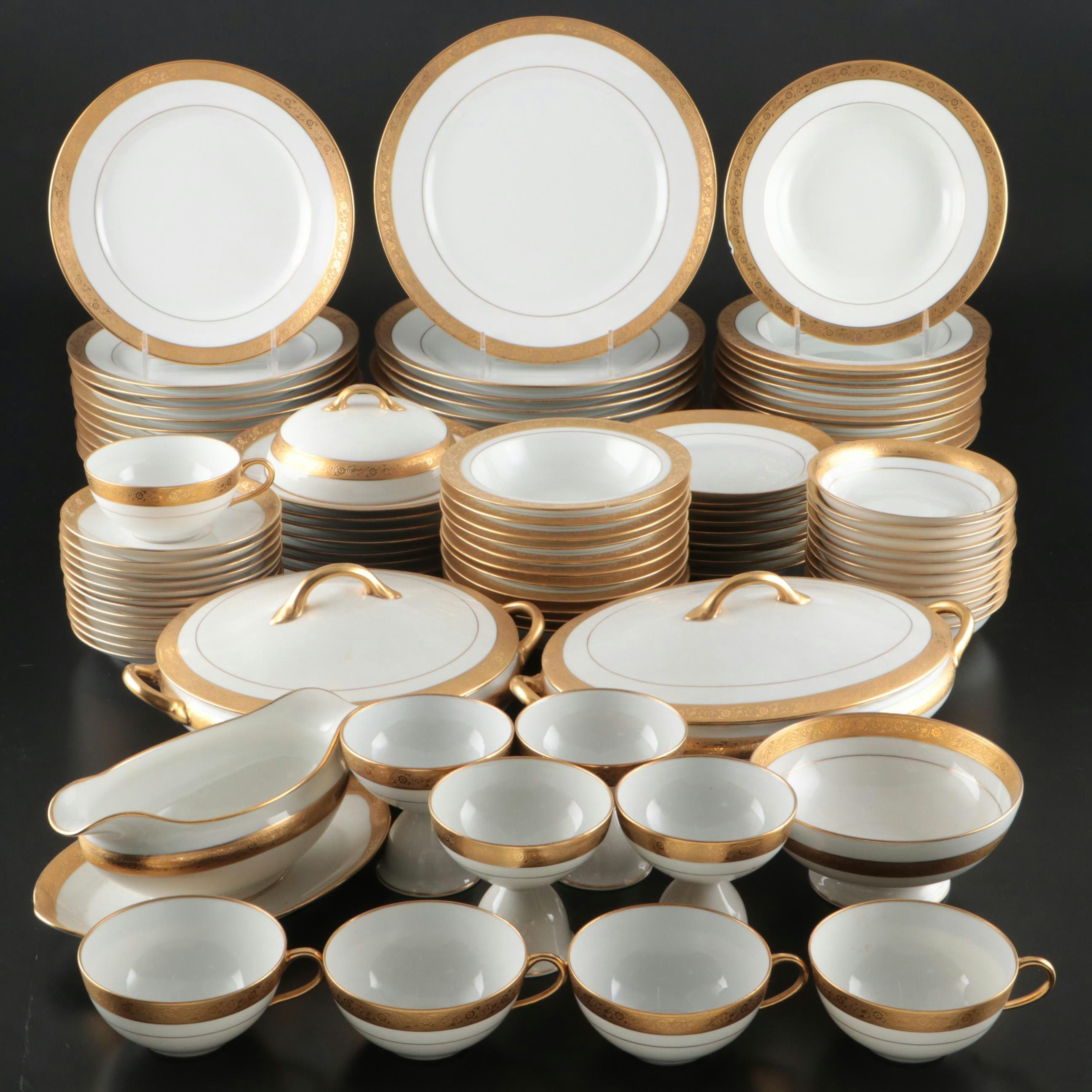 Art Deco Style Gilt Rim Porcelain Dinnerware and Serving Pieces