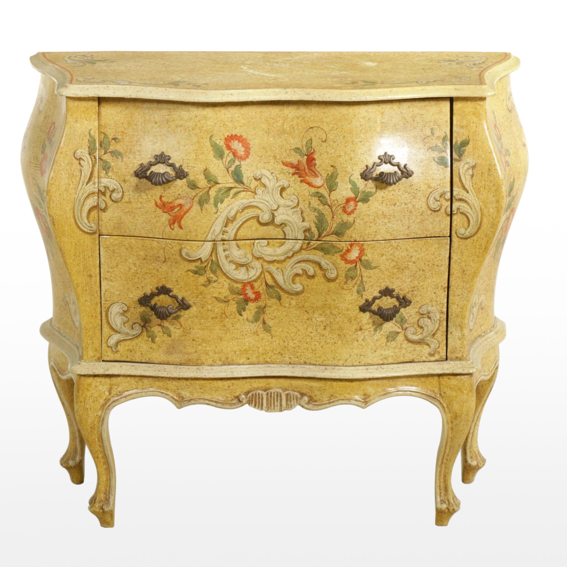 Italianate Hand Painted Bombe Style Two-Drawer Commode, Late 20th Century