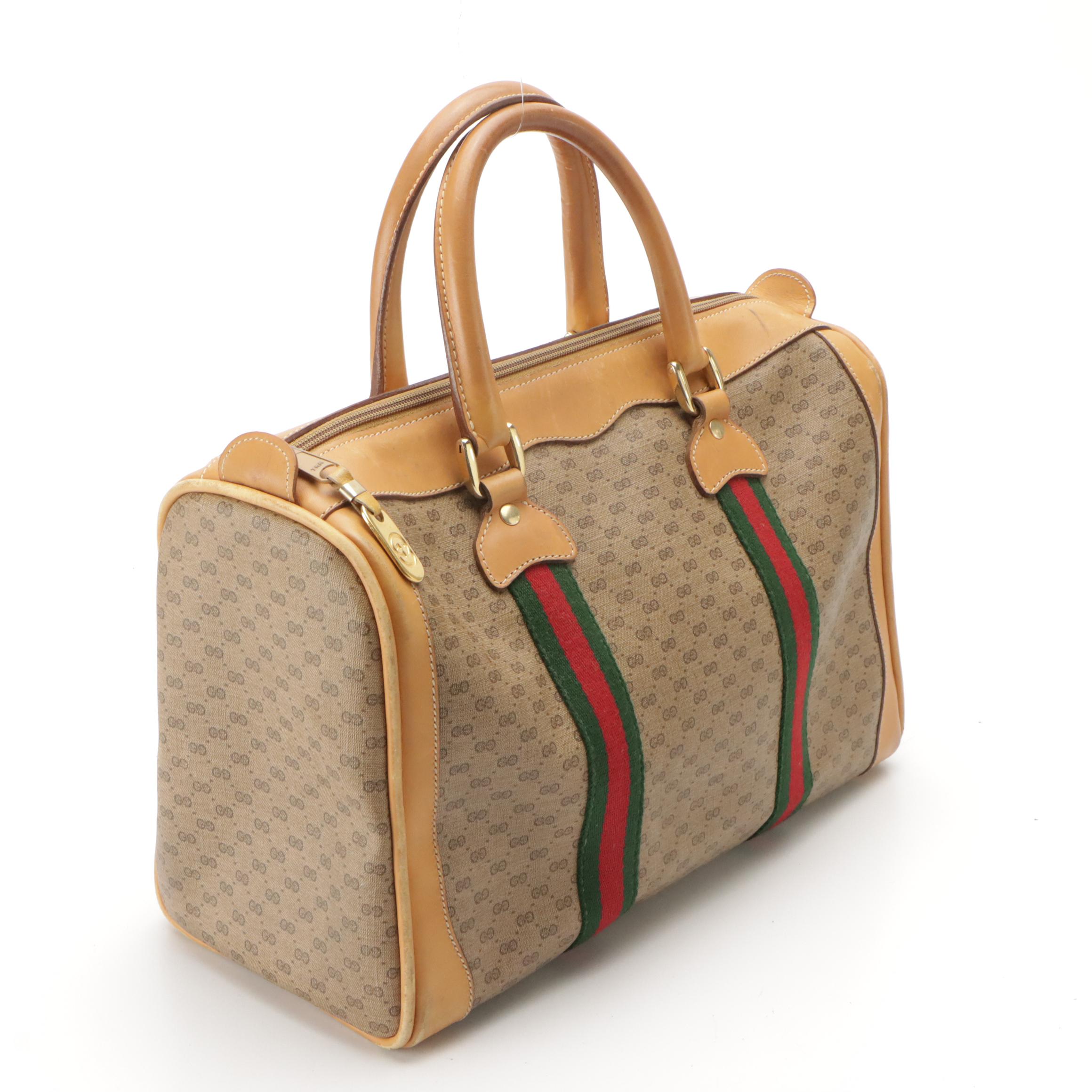 Gucci Zippered Web Stripe Boston Bag in Micro GG Canvas and Tan Leather