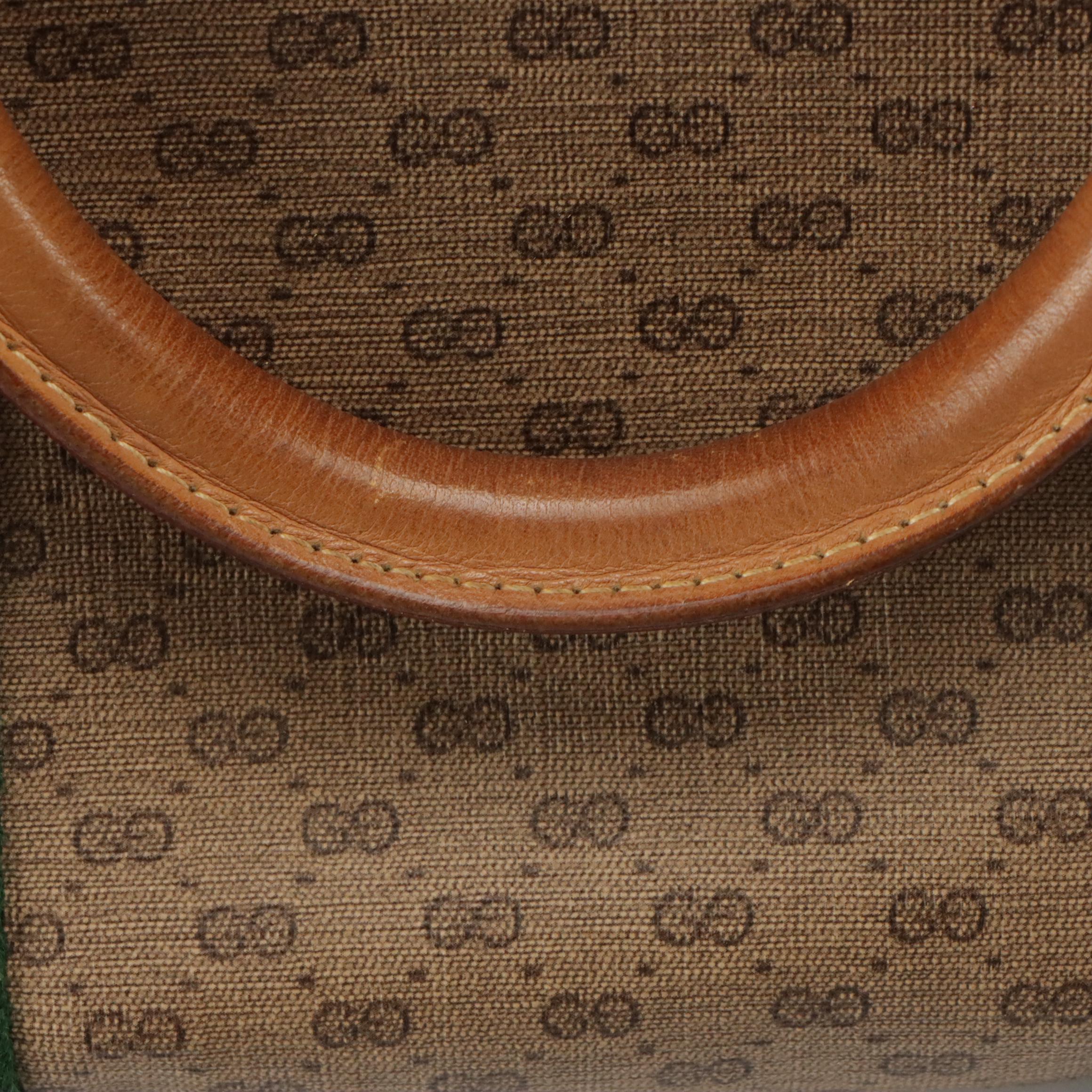 Gucci Zippered Web Stripe Boston Bag in Micro GG Canvas and Tan Leather