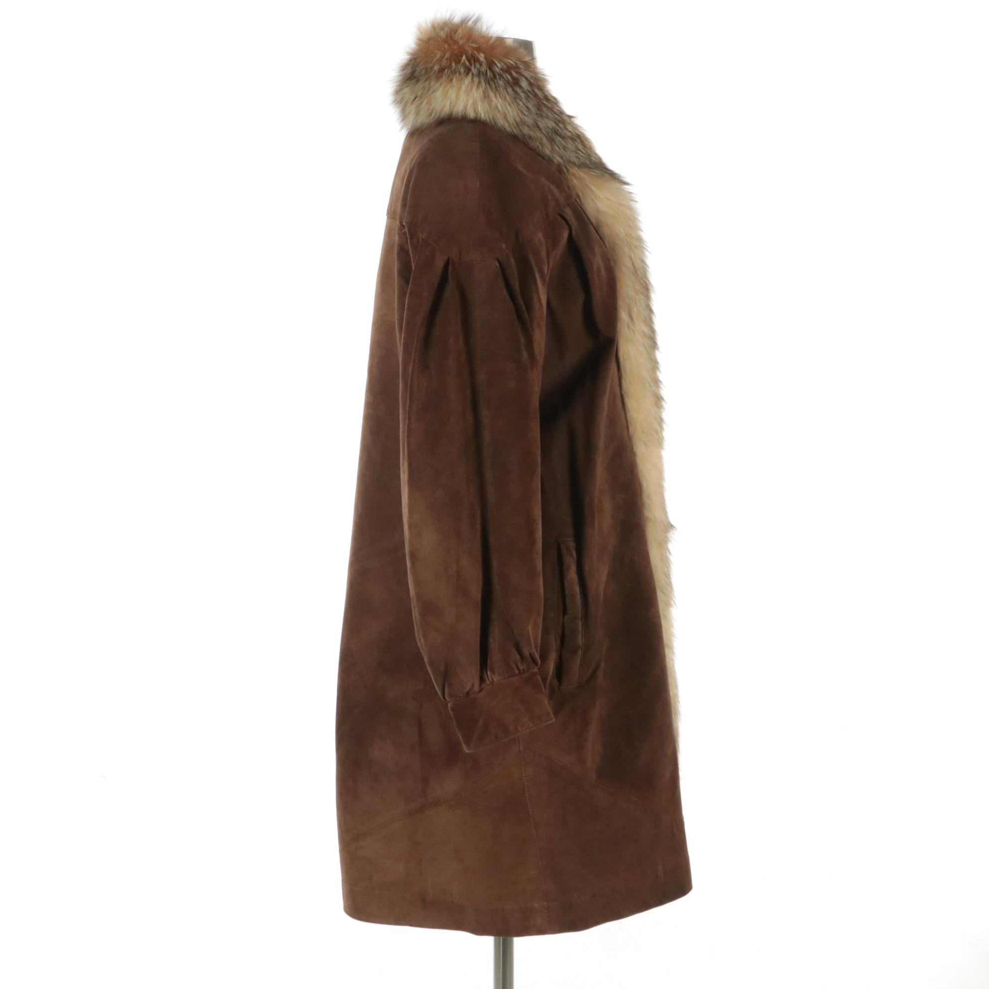Fox Fur-Trimmed Brown Leather Coat