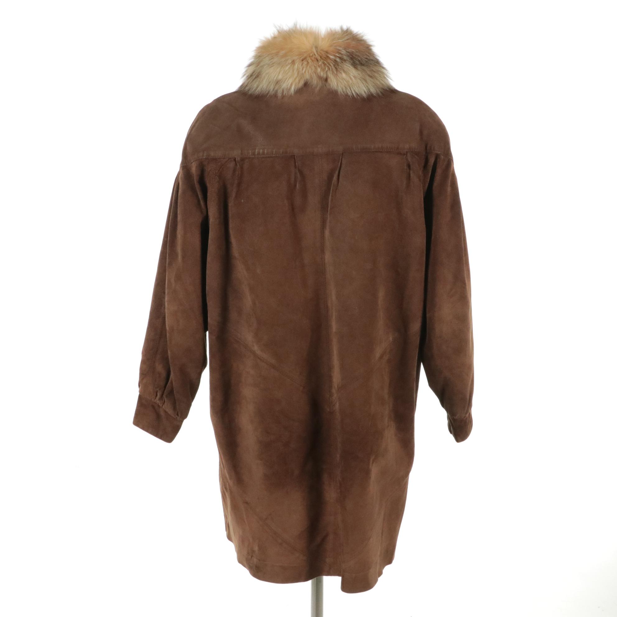Fox Fur-Trimmed Brown Leather Coat