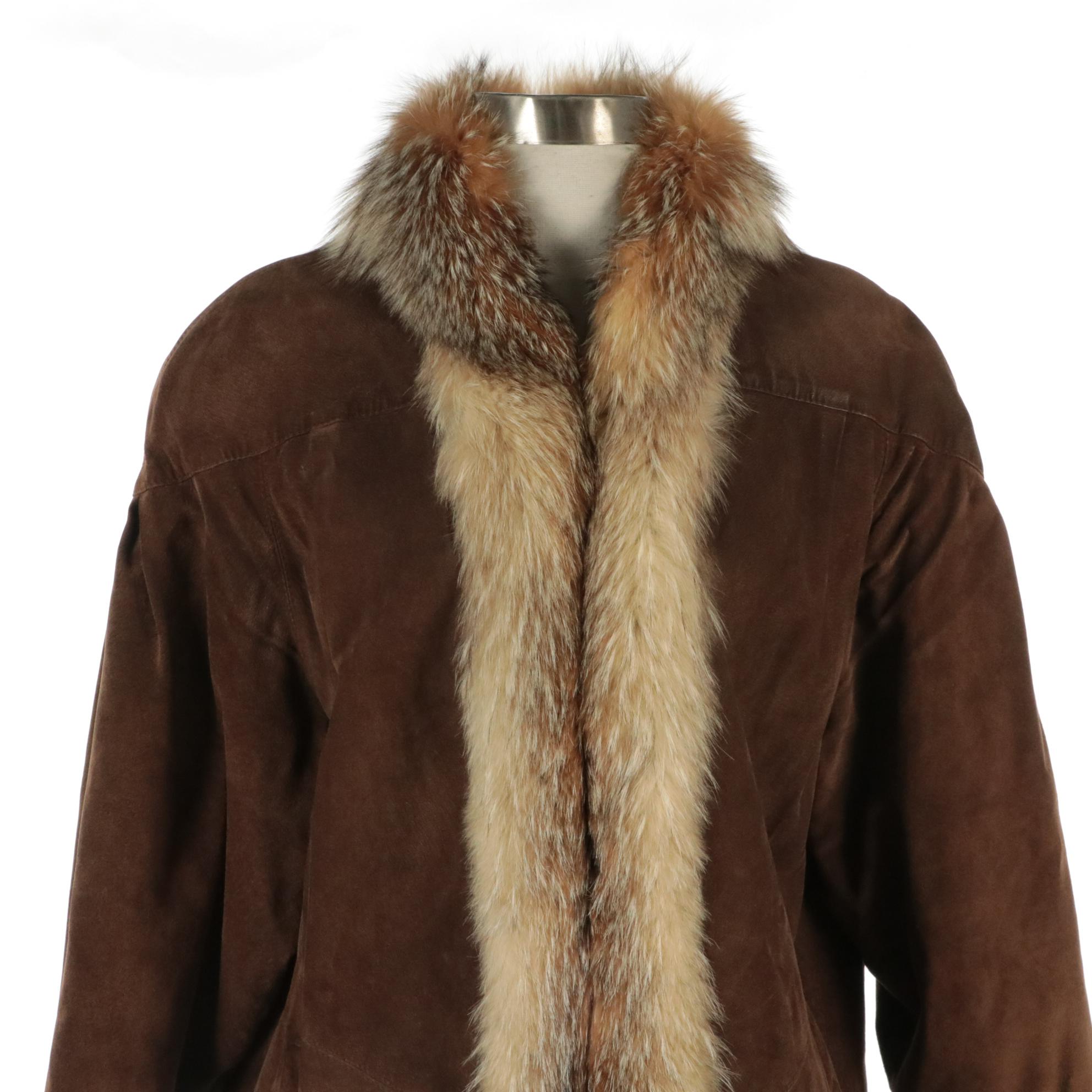 Fox Fur-Trimmed Brown Leather Coat