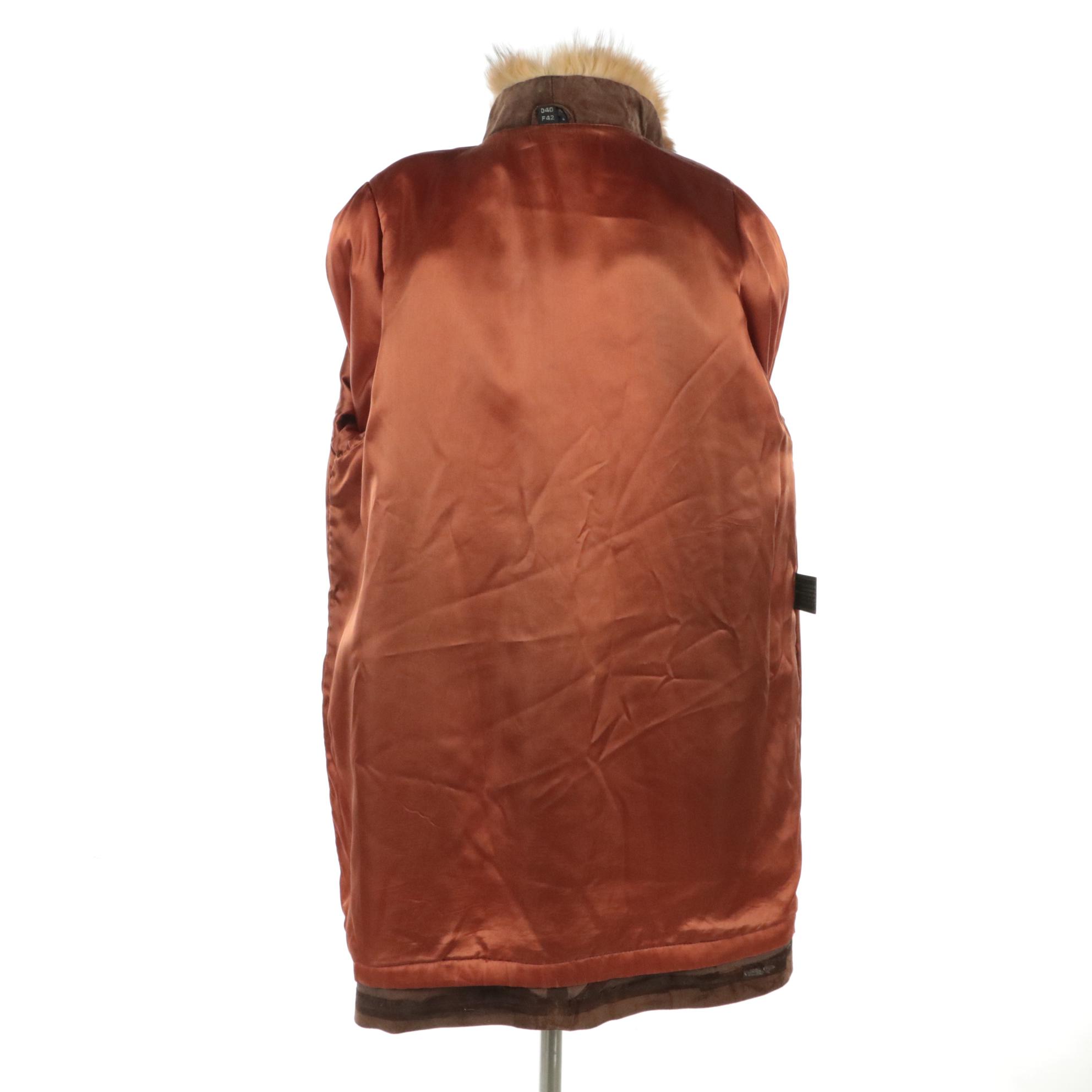 Fox Fur-Trimmed Brown Leather Coat