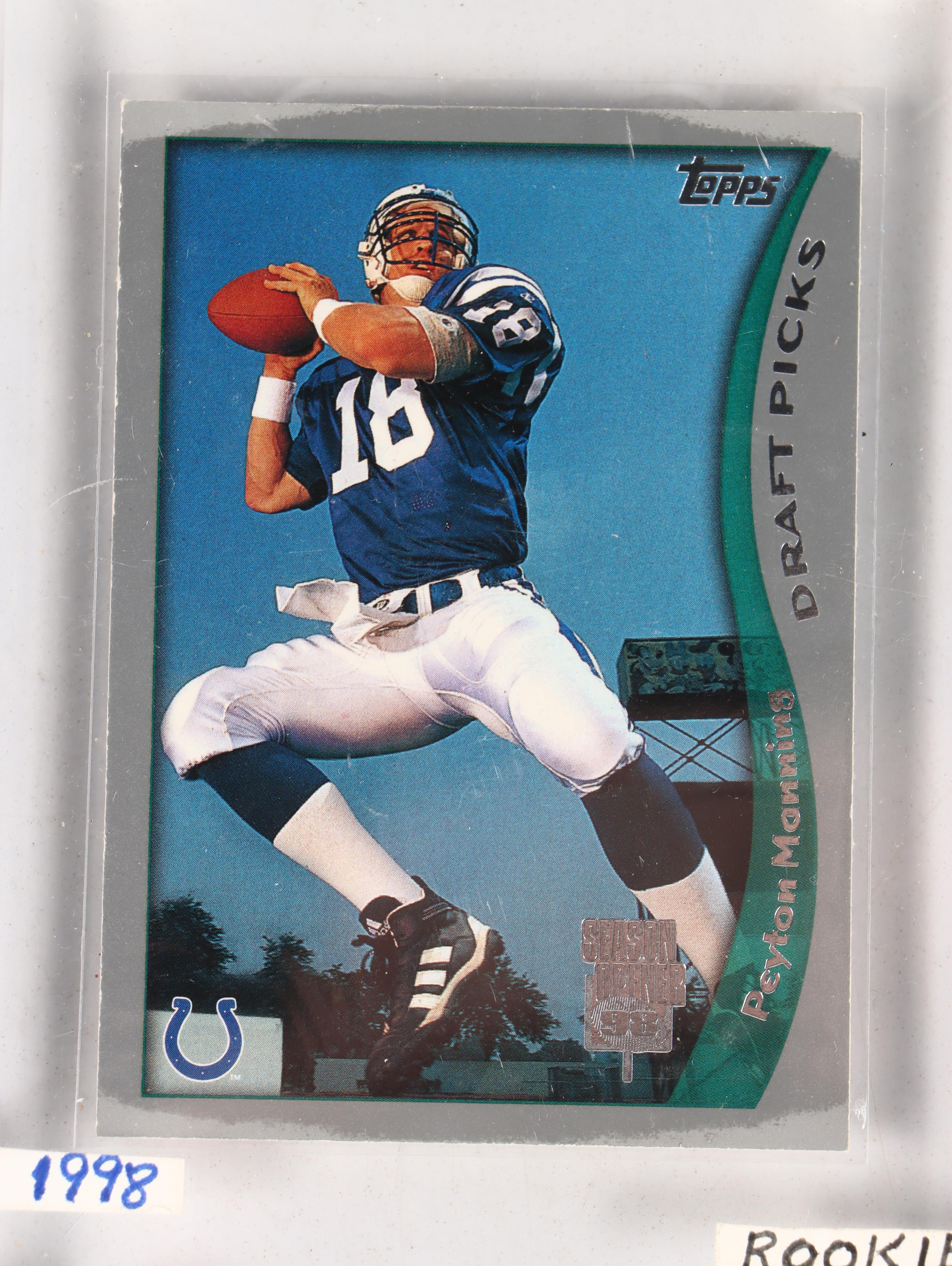 1998 Topps Peyton Manning and 2000 Paramount Tom Brady Rookie Football Cards