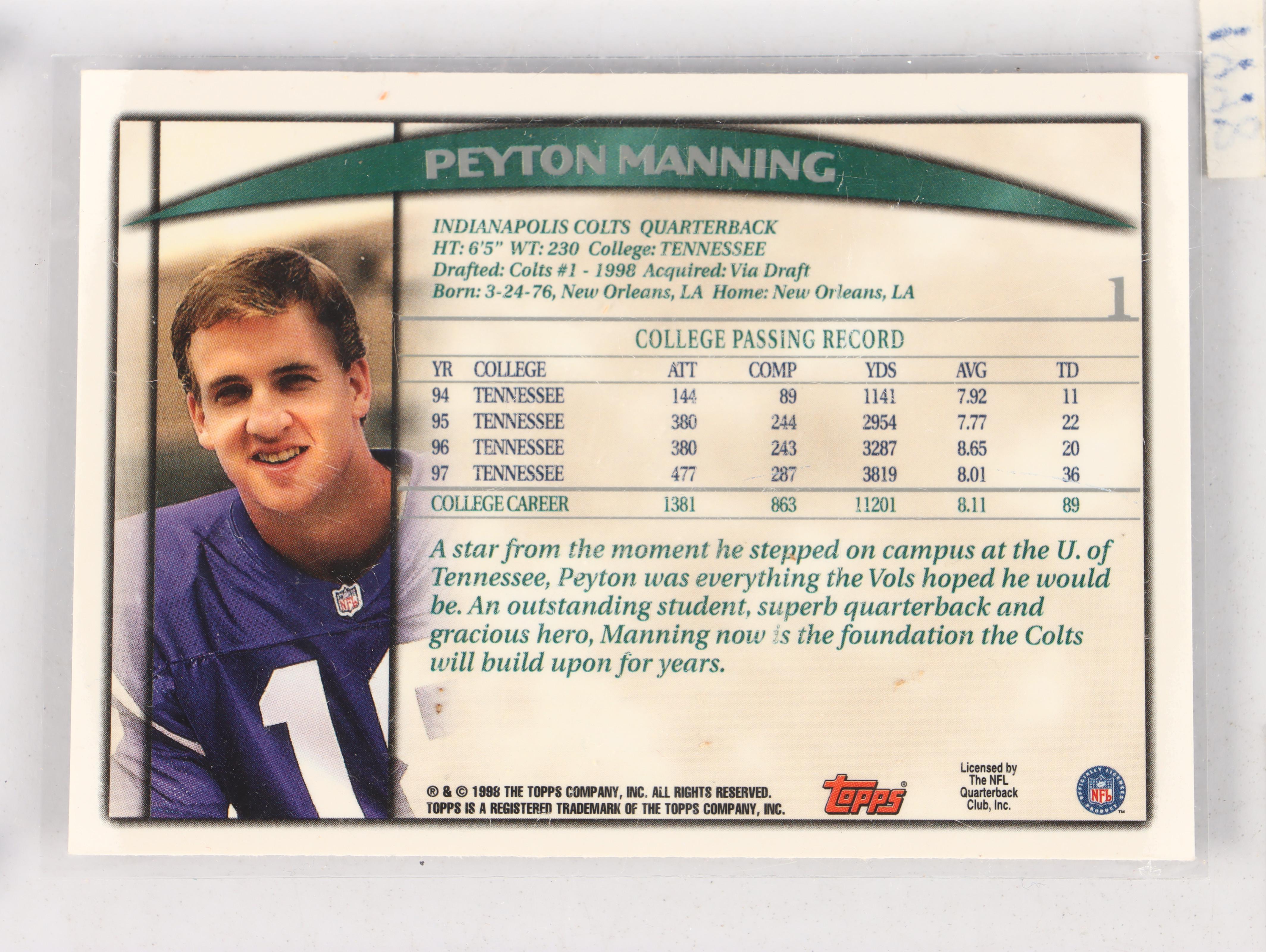 1998 Topps Peyton Manning and 2000 Paramount Tom Brady Rookie Football Cards