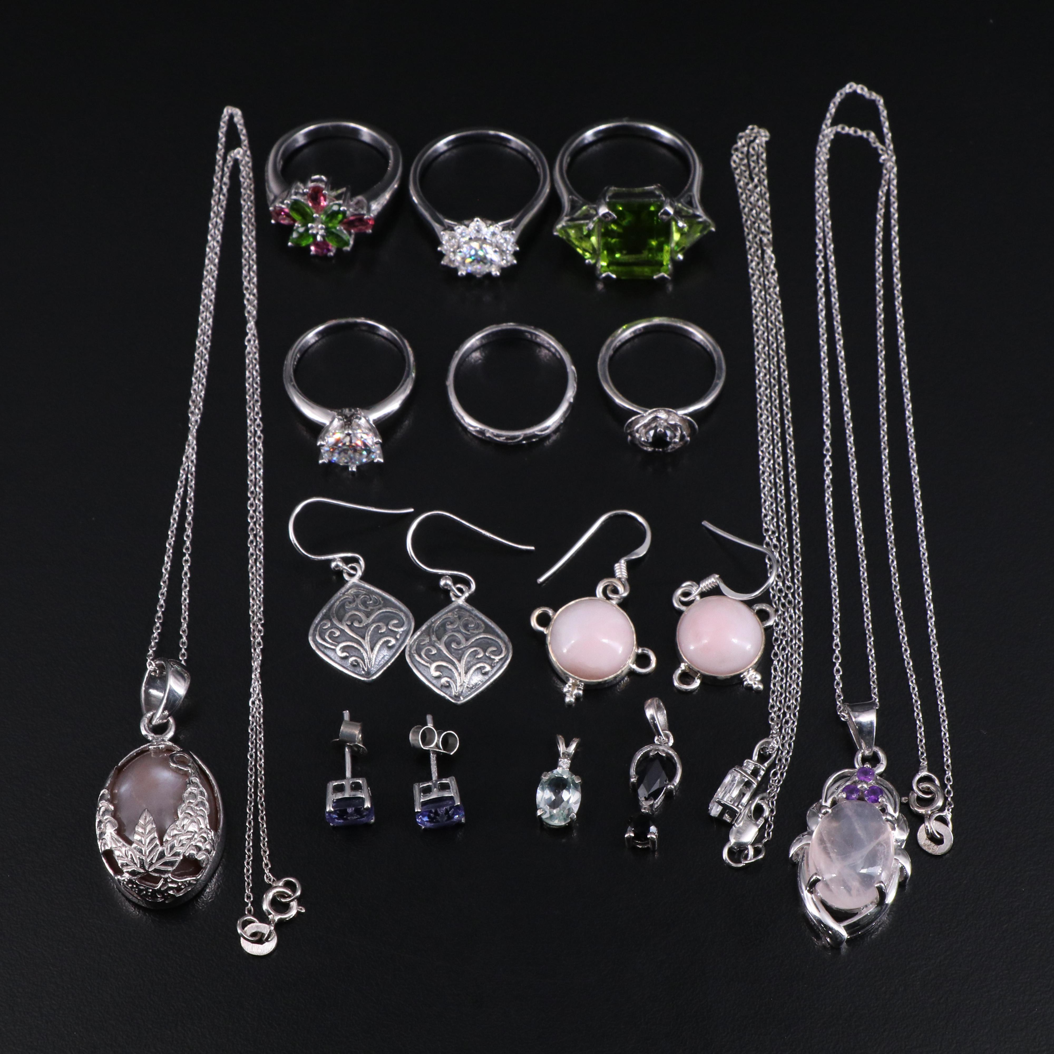 14 Assorted Sterling Silver Rings, Necklaces, Earrings, and Pendants