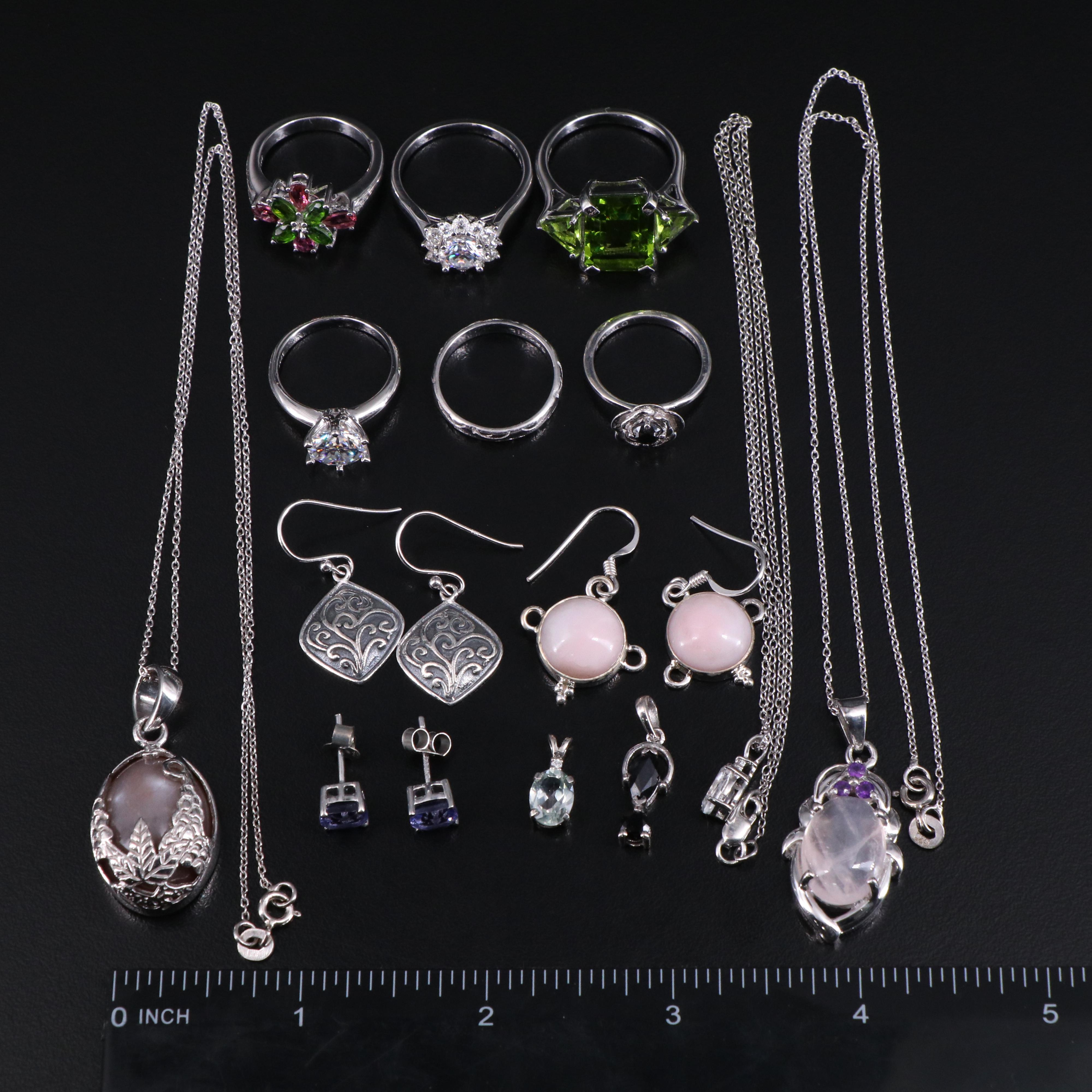 14 Assorted Sterling Silver Rings, Necklaces, Earrings, and Pendants