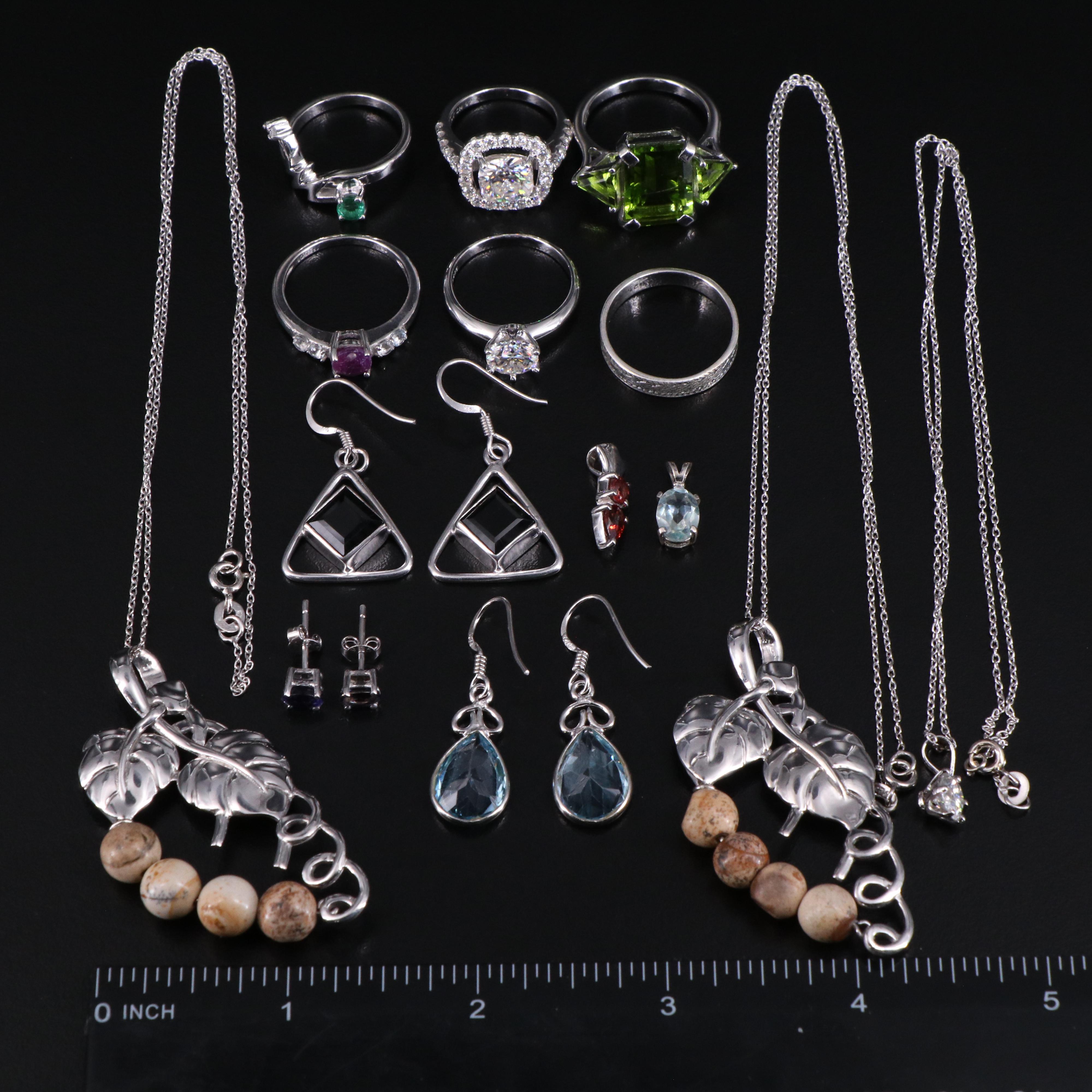 14 Assorted Sterling Silver Rings, Necklaces, Earrings, and Pendants