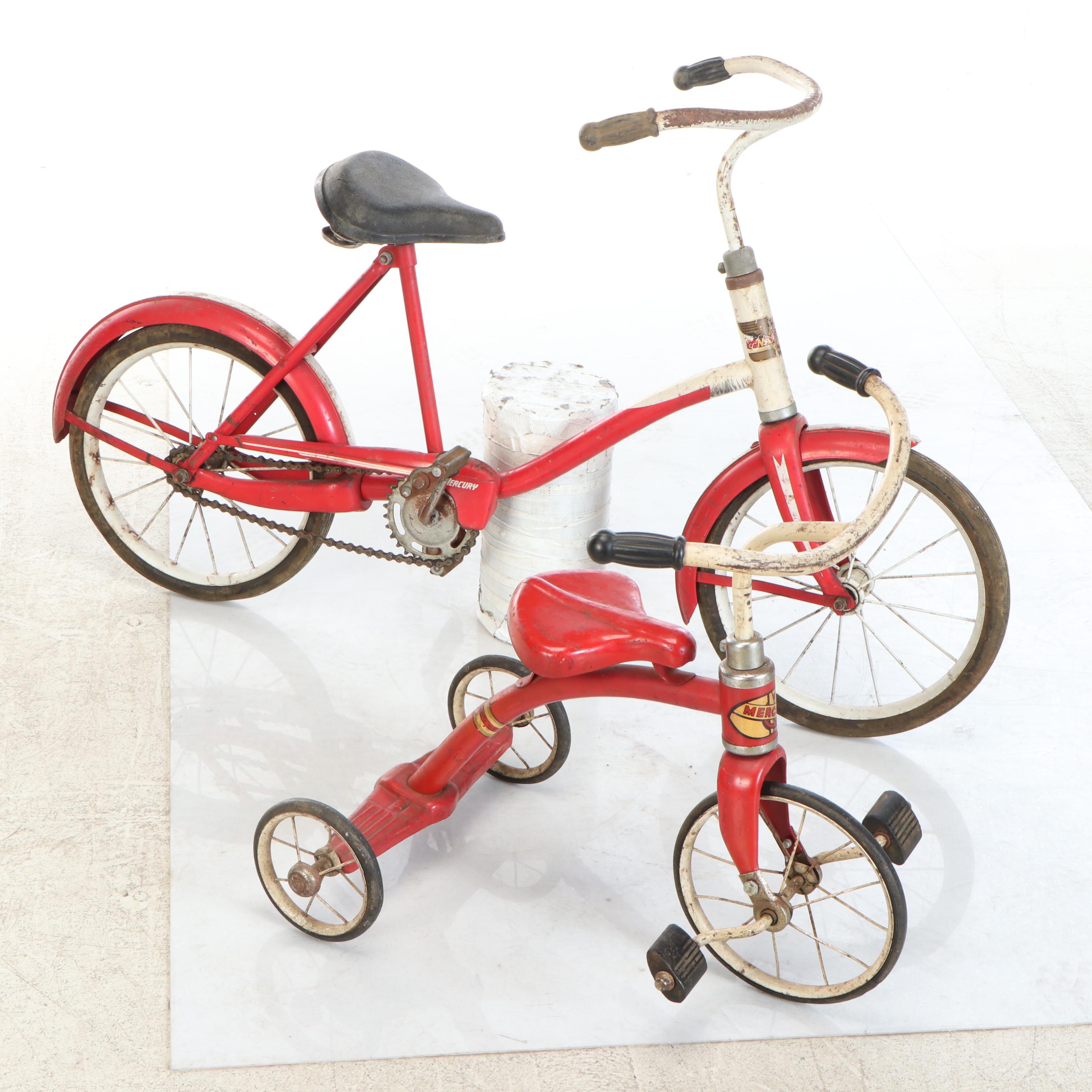 Mercury Red Metal Tricycle and Child's Bicycle, Mid-20th Century