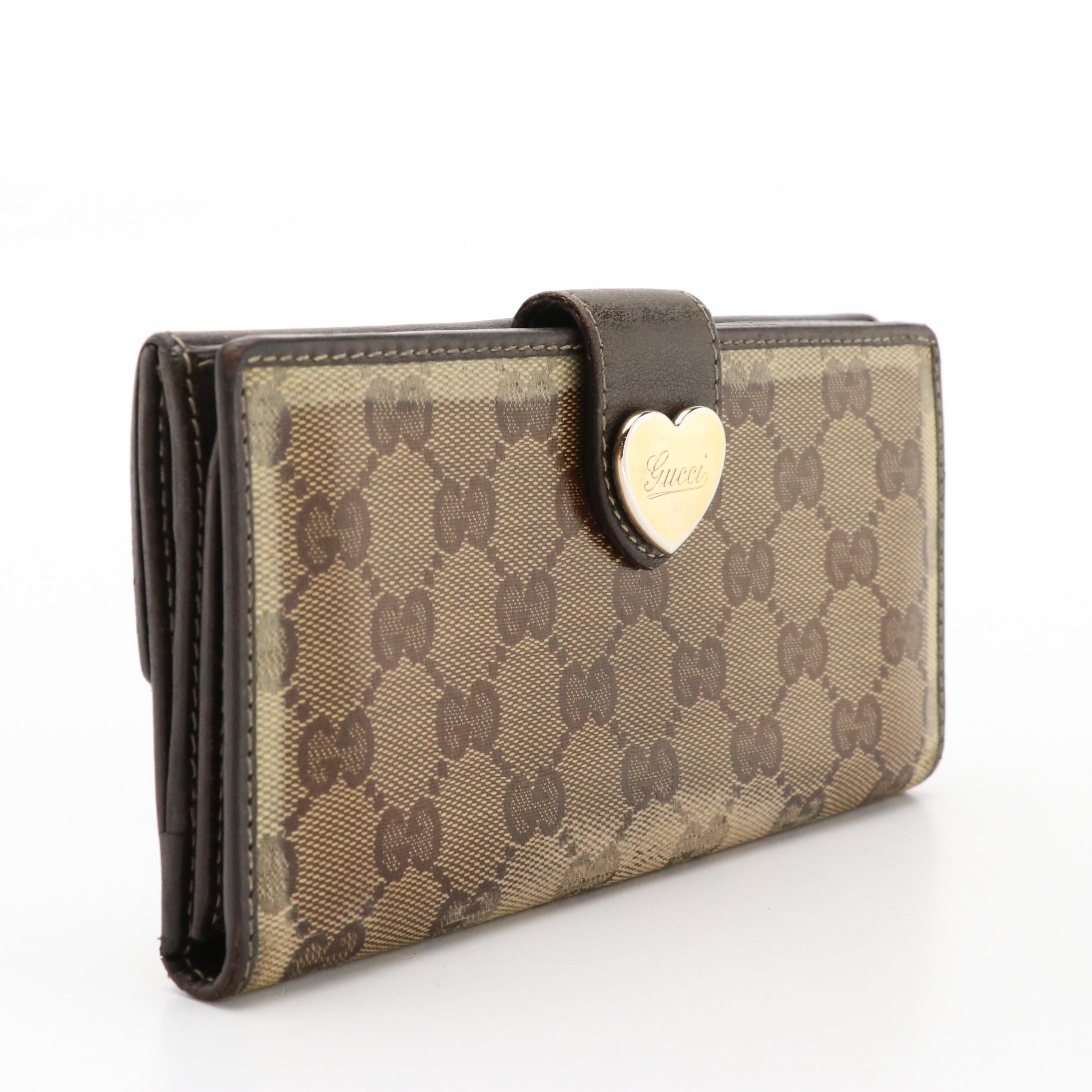 Gucci Heart-Flap Continental Wallet in GG Crystal Canvas and Brown Leather