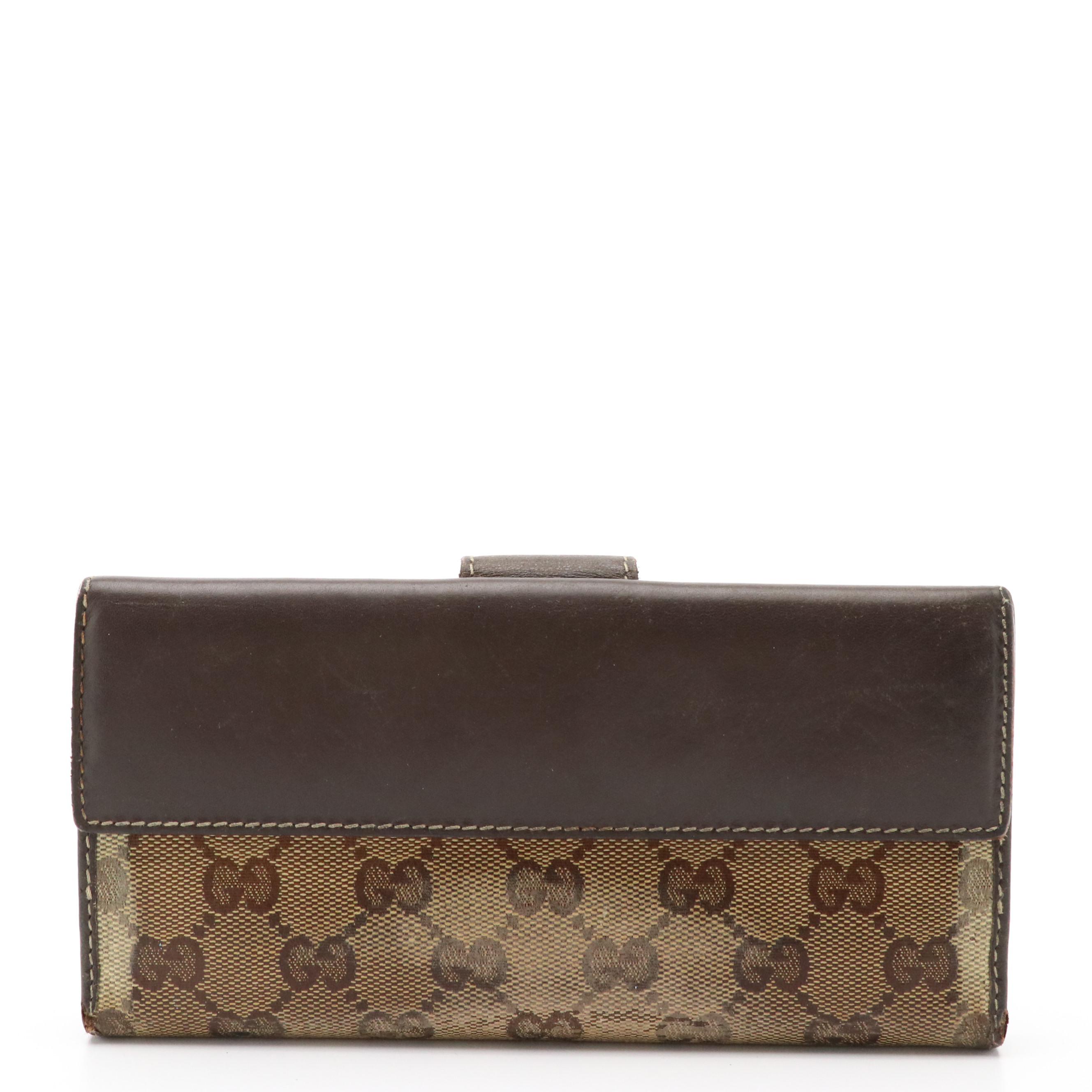 Gucci Heart-Flap Continental Wallet in GG Crystal Canvas and Brown Leather