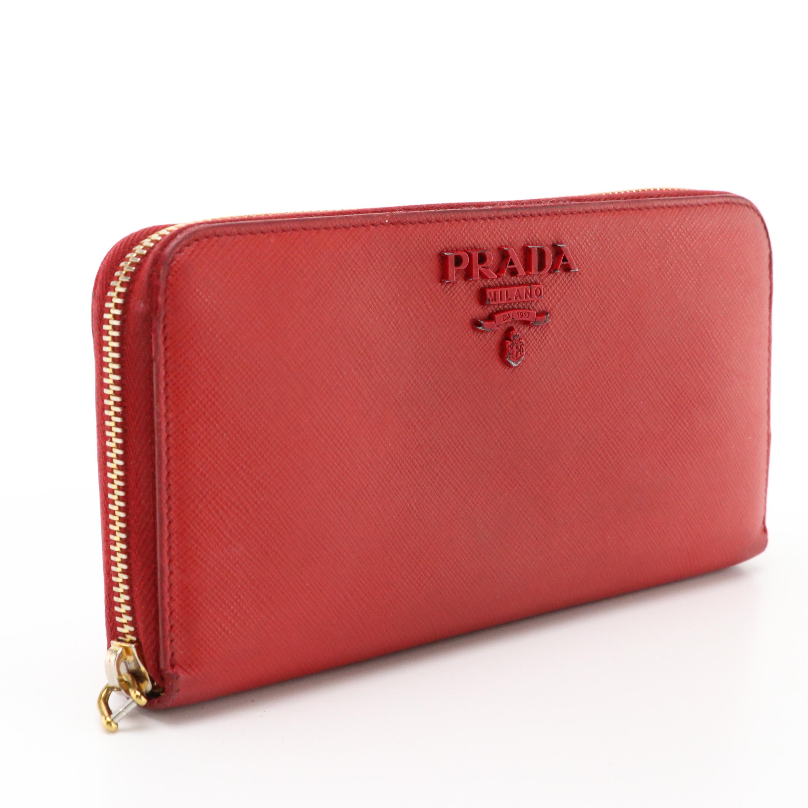 Prada Long Zip-Around Wallet in Red Saffiano Leather